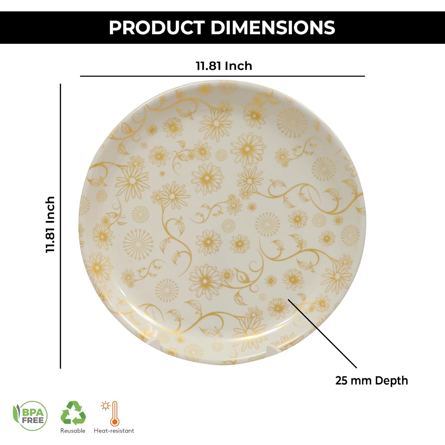 Ariya Melamine Dinner Plates 12 Inch Set of 12 | White & Gold