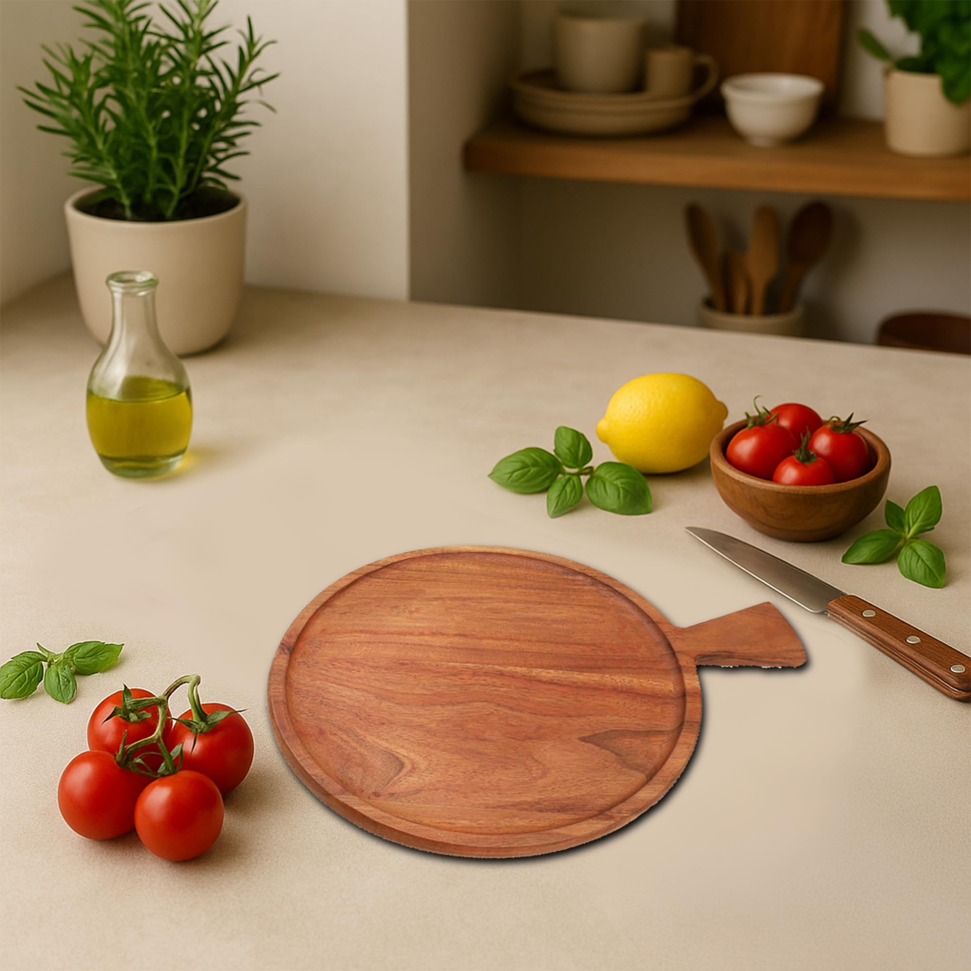 Ariya 8 x 8 Inch Acacia Wooden Round Serving Tray with Handle