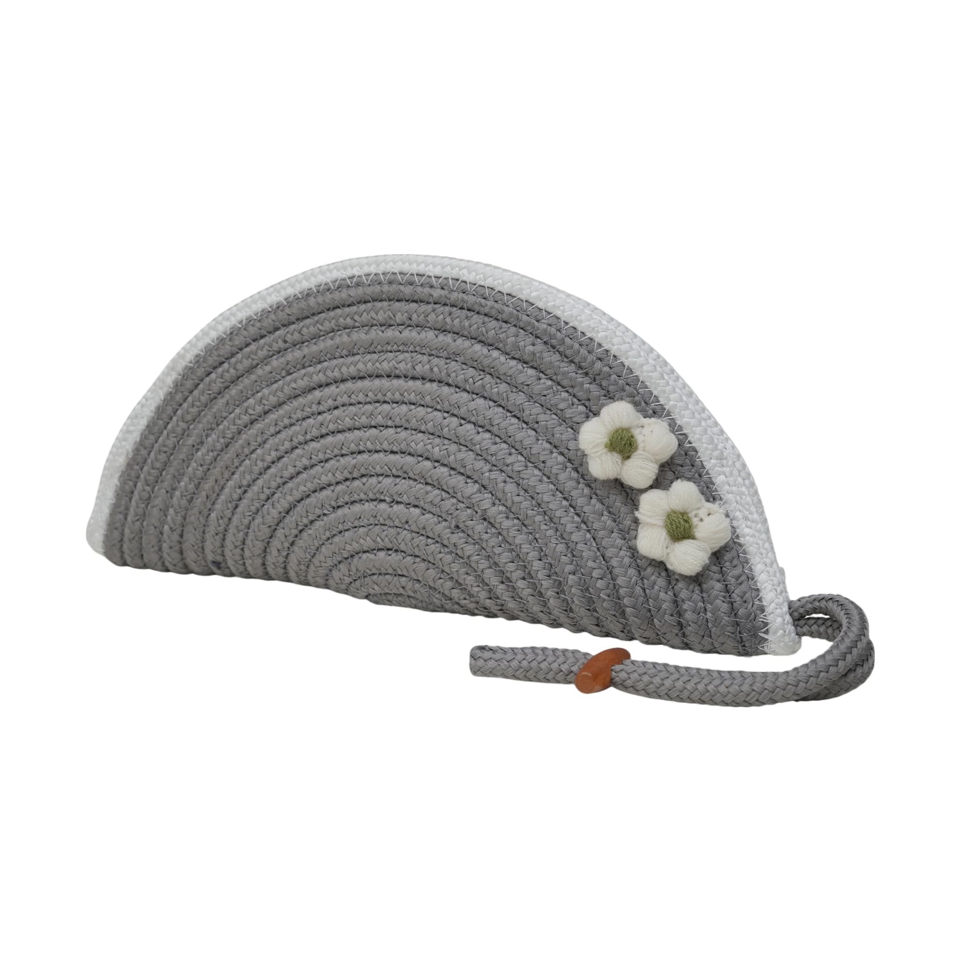 ARIYA Stylish Unique Handmade Grey & White Line (PP & Cotton Blend) Clutch Bag with 2 Flower, Perfect for Parties, Weddings & Everyday Outings