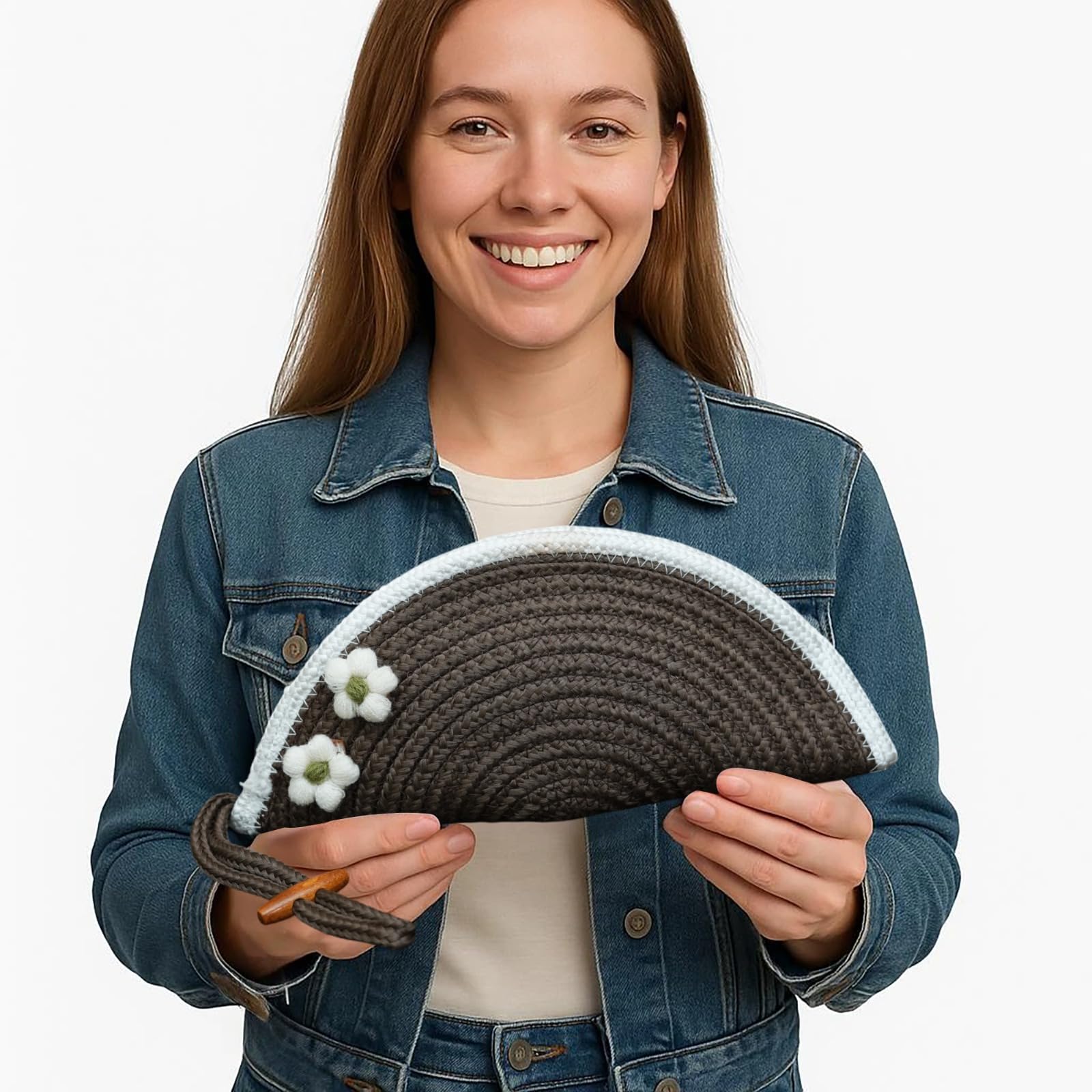 ARIYA Stylish Unique Handmade Blue & White Line (PP & Cotton Blend) Clutch Bag with Flower, Perfect for Parties, Weddings & Everyday Outings