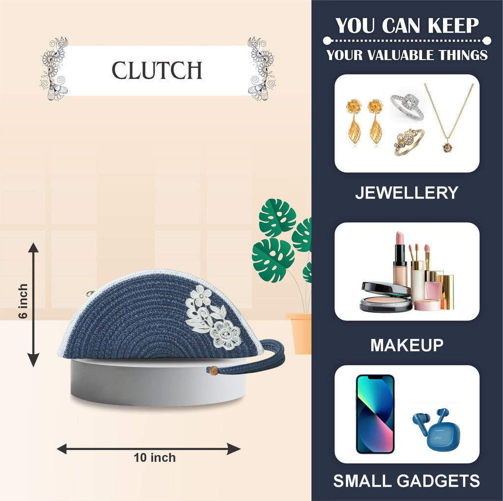 ARIYA Stylish Unique Handmade Blue & White Line (PP & Cotton Blend) Clutch Bag with Flower, Perfect for Parties, Weddings & Everyday Outings