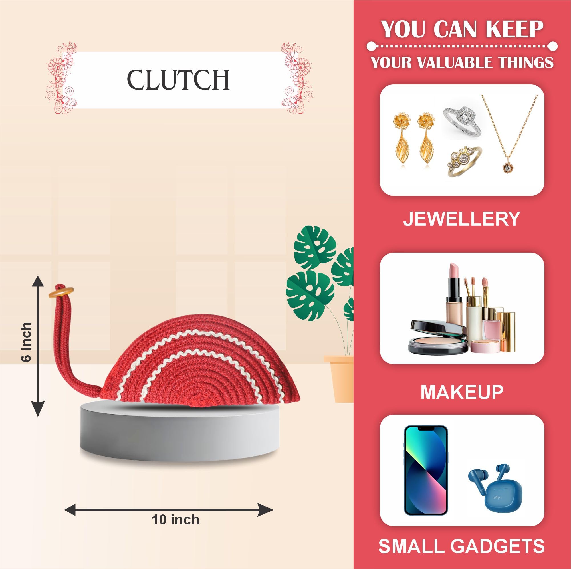 ARIYA Stylish Unique Handmade Red & White Lace (PP & Cotton Blend) Clutch Bag, Perfect for Parties, Weddings & Everyday Outings