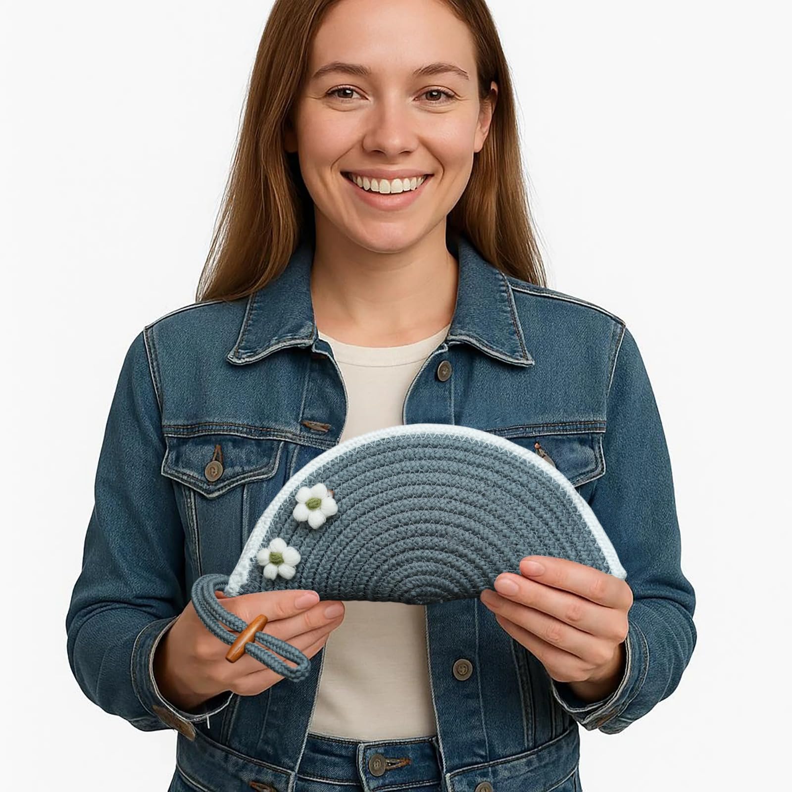 ARIYA Stylish Unique Handmade Light Grey & White Line (PP & Cotton Blend) Clutch Bag with 2 Flower, Perfect for Parties, Weddings & Everyday Outings