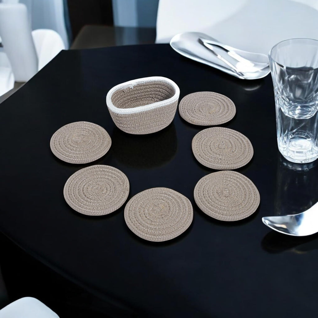 Ariya 6 Psc PP & Cotton Blend Brown Coasters (6 Inch) - Absorbent, Woven, Ideal for Room, Hotel, Bar, Housewarming Gift
