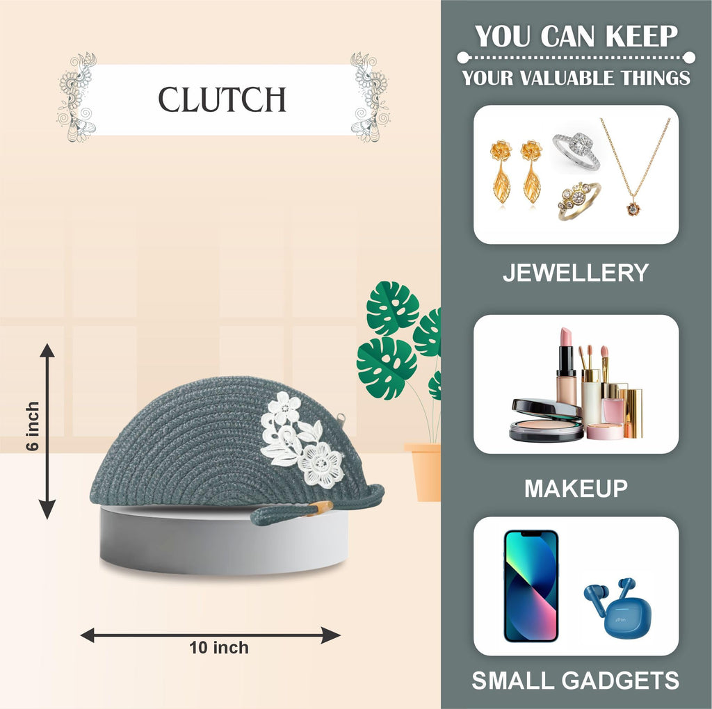 ARIYA Stylish Unique Handmade Grey (PP & Cotton Blend) Clutch Bag with Flower, Perfect for Parties, Weddings & Everyday Outings