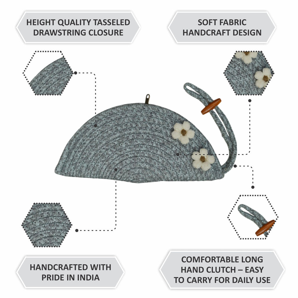 ARIYA Stylish Unique Handmade Light Grey (PP & Cotton Blend) Clutch Bag with 2 Flower, Perfect for Parties, Weddings & Everyday Outings