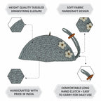 ARIYA Stylish Unique Handmade Light Grey (PP & Cotton Blend) Clutch Bag with 2 Flower, Perfect for Parties, Weddings & Everyday Outings