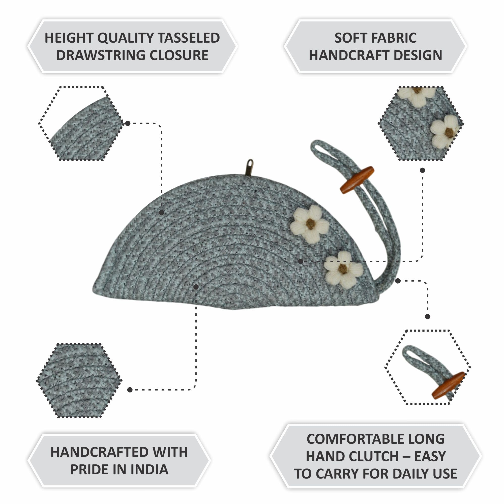 ARIYA Stylish Unique Handmade Light Grey (PP & Cotton Blend) Clutch Bag with 2 Flower, Perfect for Parties, Weddings & Everyday Outings