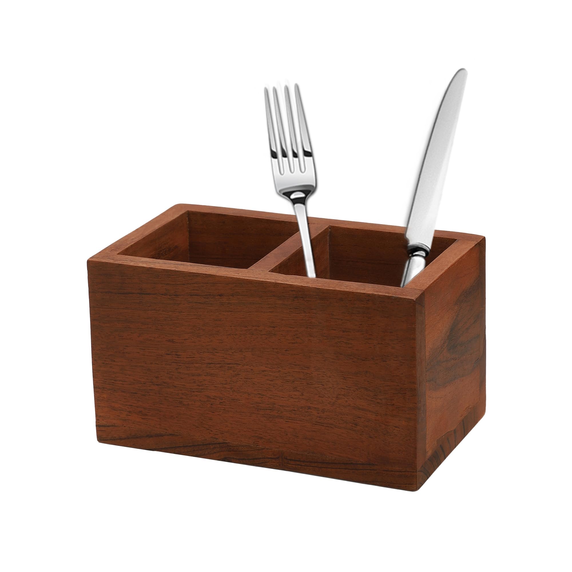 Ariya 7" Acacia Wooden Cutlery Holder | 2-Compartment Spoon & Fork Organizer for Dining & Kitchen
