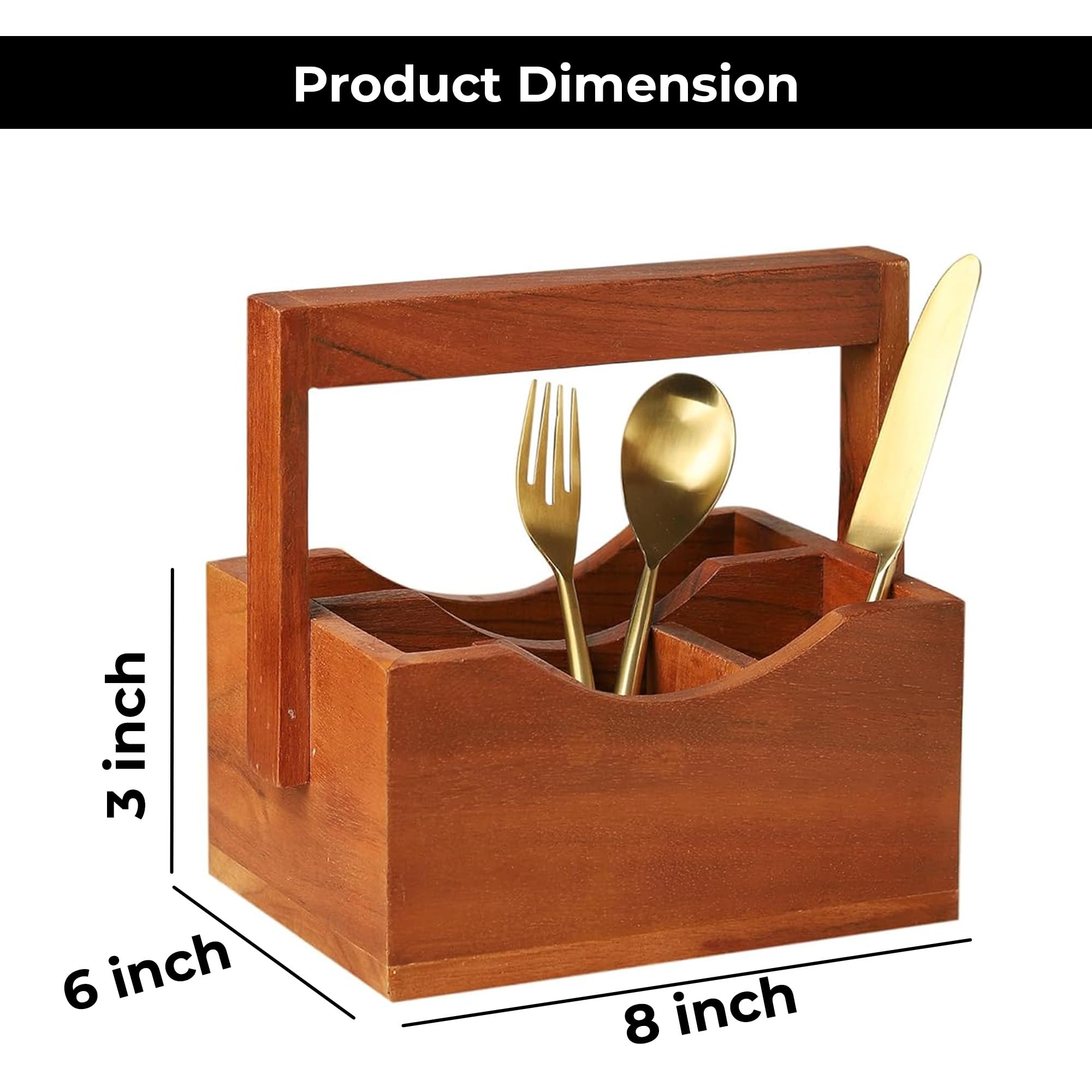 Ariya 8" Acacia Wooden Cutlery Holder | 4-Compartment Spoon & Fork Organizer
