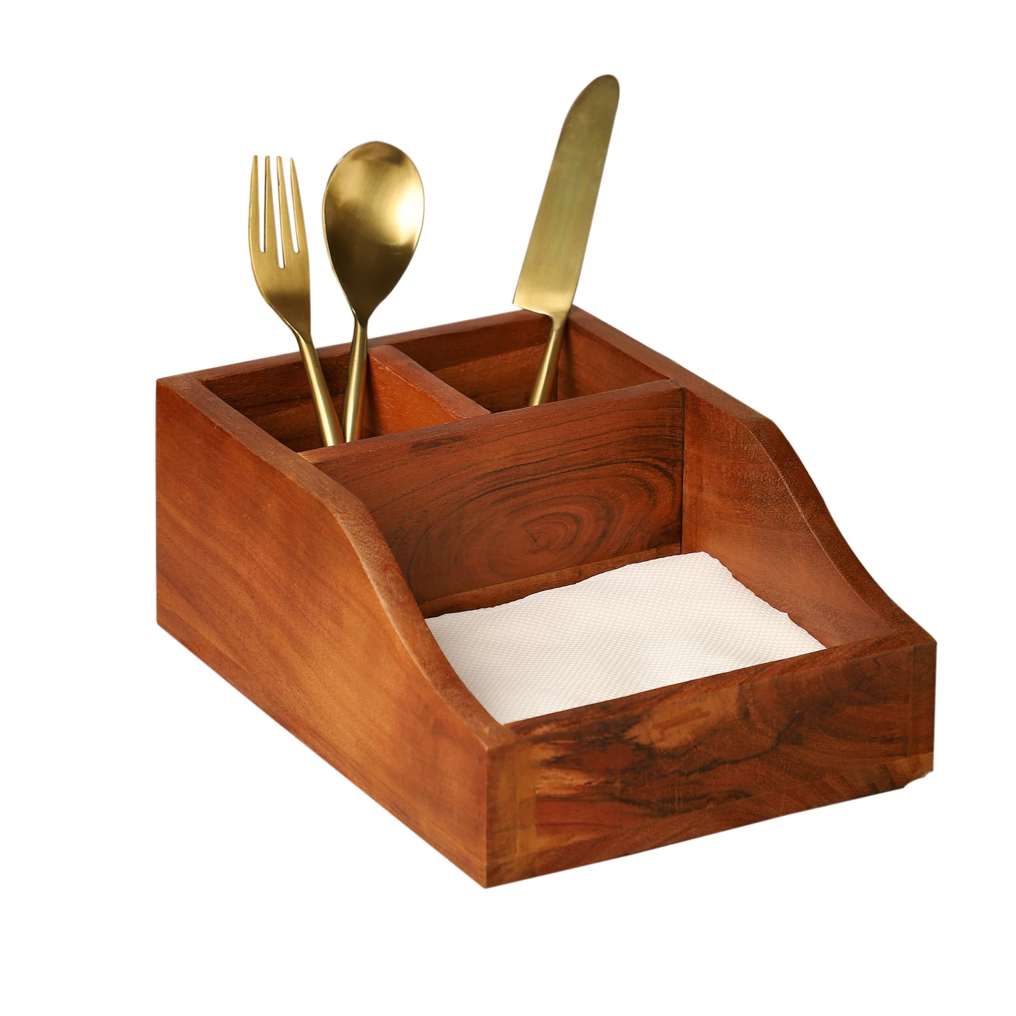 Ariya 10" Acacia Wooden Cutlery Holder | 3-Compartment Fork & Napkin Organizer for Dining & Kitchen
