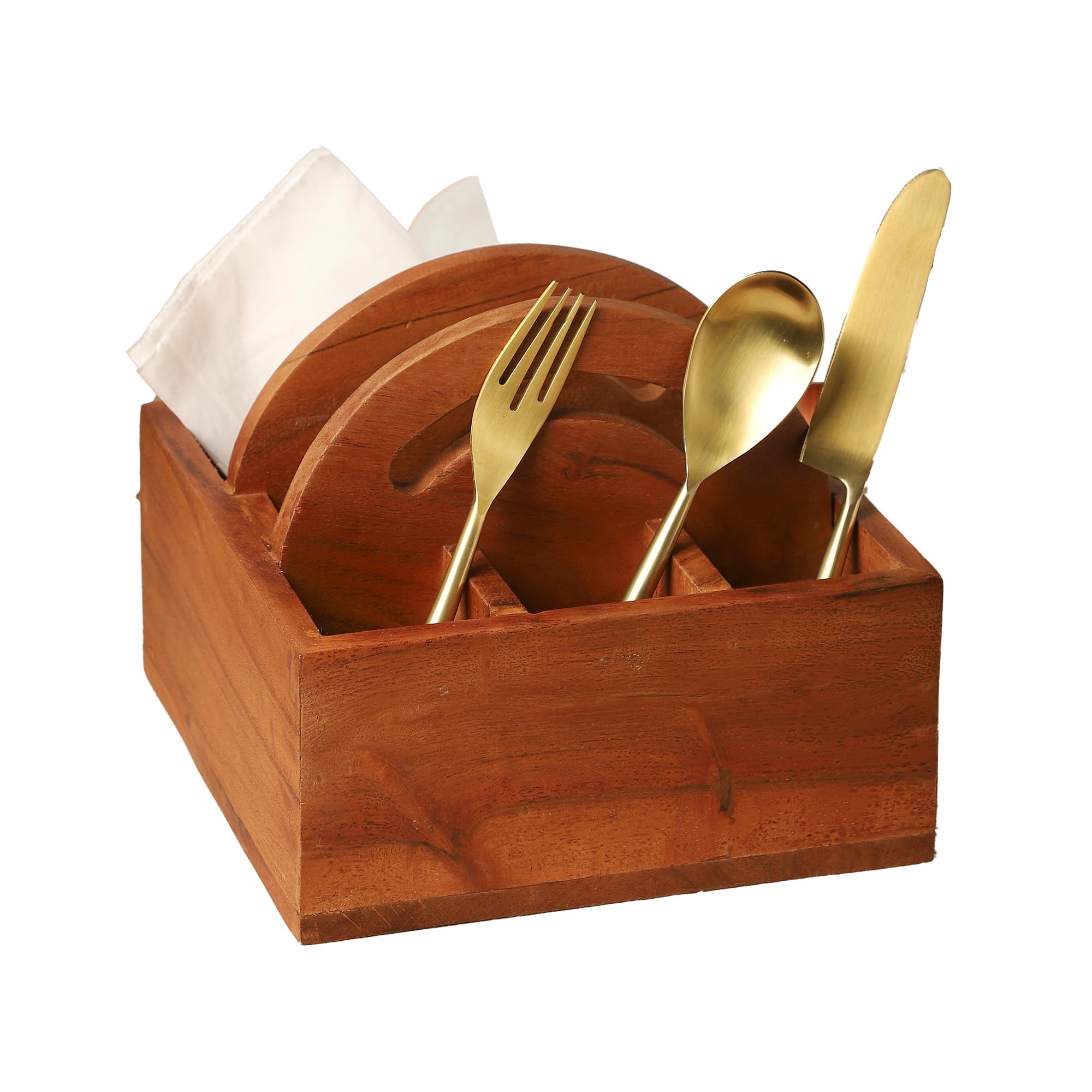 Ariya 8" Acacia Wooden Cutlery Holder | 5-Compartment Spoon & Napkin Organizer