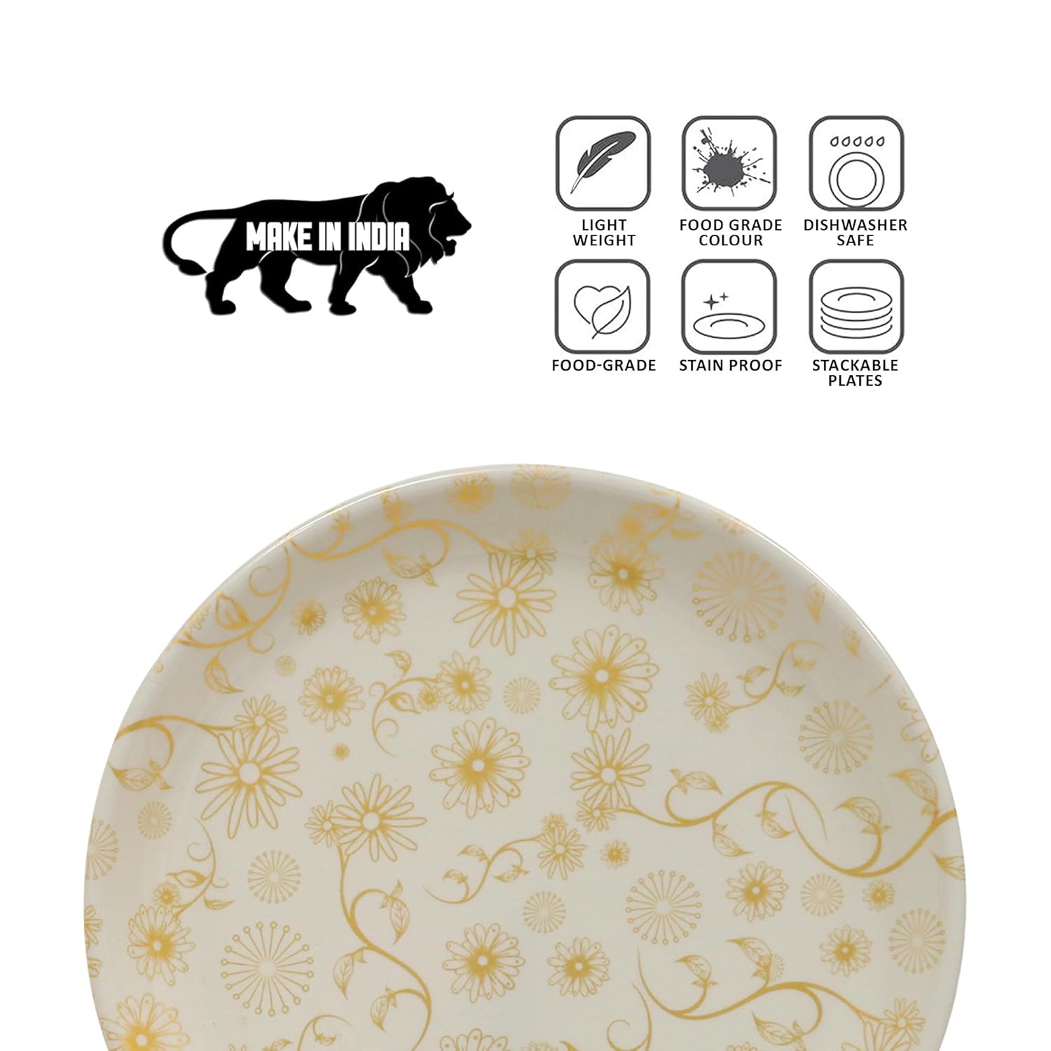 Ariya Melamine Dinner Plates 12 Inch Set of 12 | White & Gold