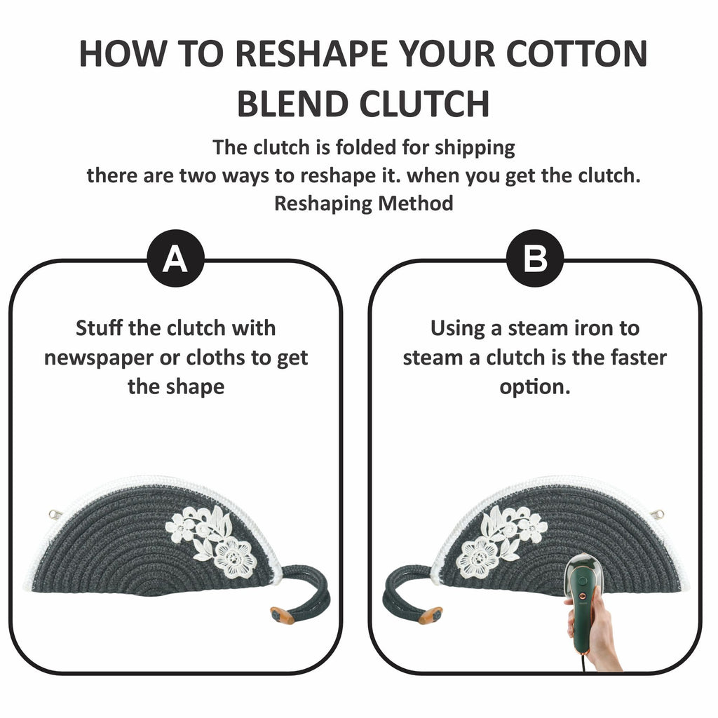 ARIYA Stylish Unique Handmade Dark Grey & White Line (PP & Cotton Blend) Clutch Bag with Flower, Perfect for Parties, Weddings & Everyday Outings