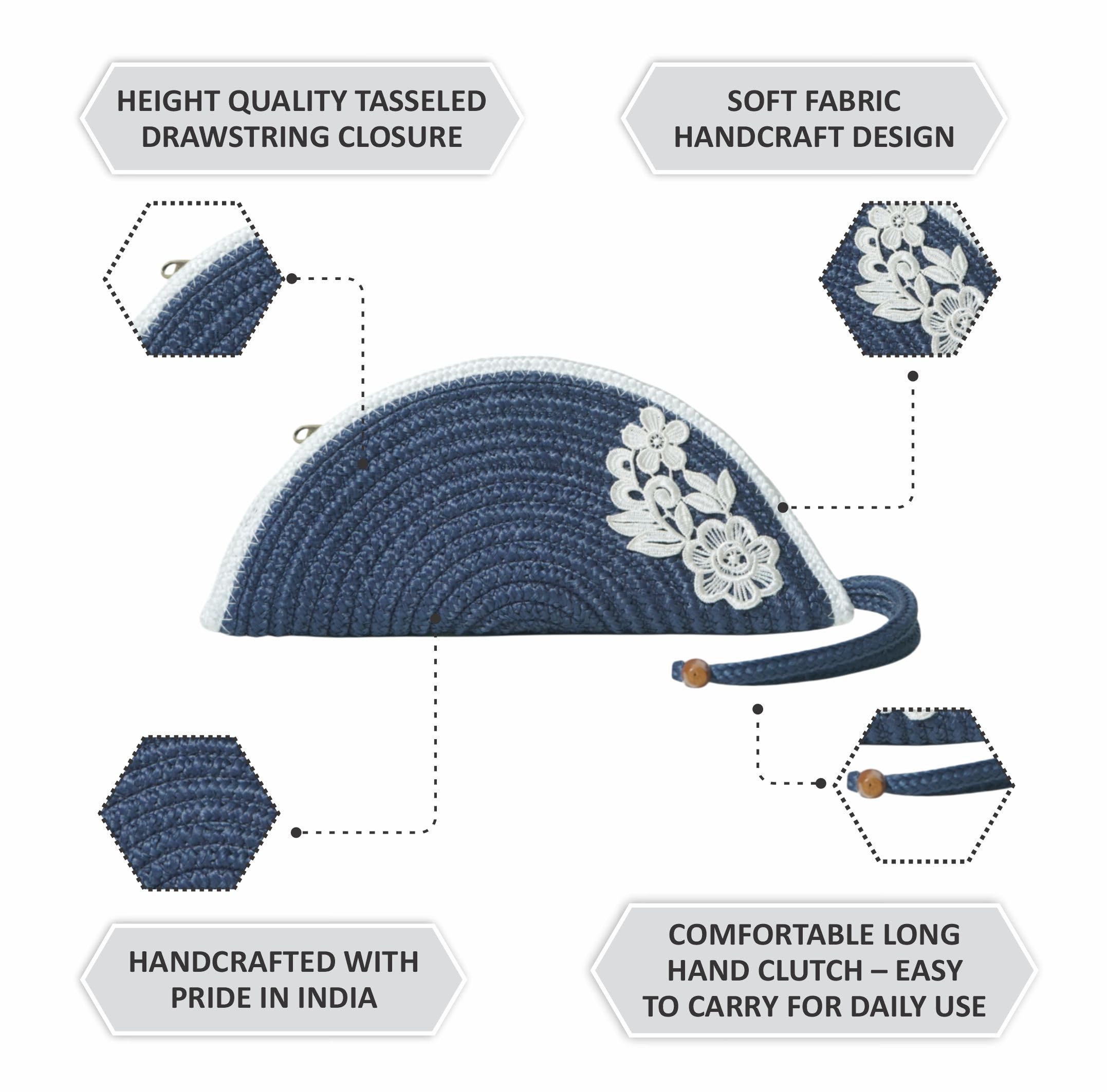 ARIYA Stylish Unique Handmade Blue & White Line (PP & Cotton Blend) Clutch Bag with Flower, Perfect for Parties, Weddings & Everyday Outings