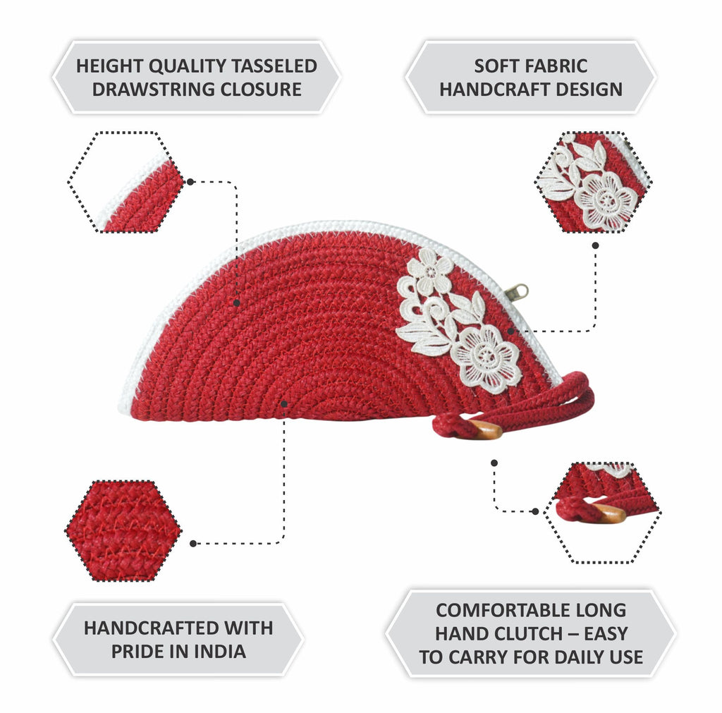 ARIYA Stylish Unique Handmade Red & White Line (PP & Cotton Blend) Clutch Bag with Flower, Perfect for Parties, Weddings & Everyday Outings