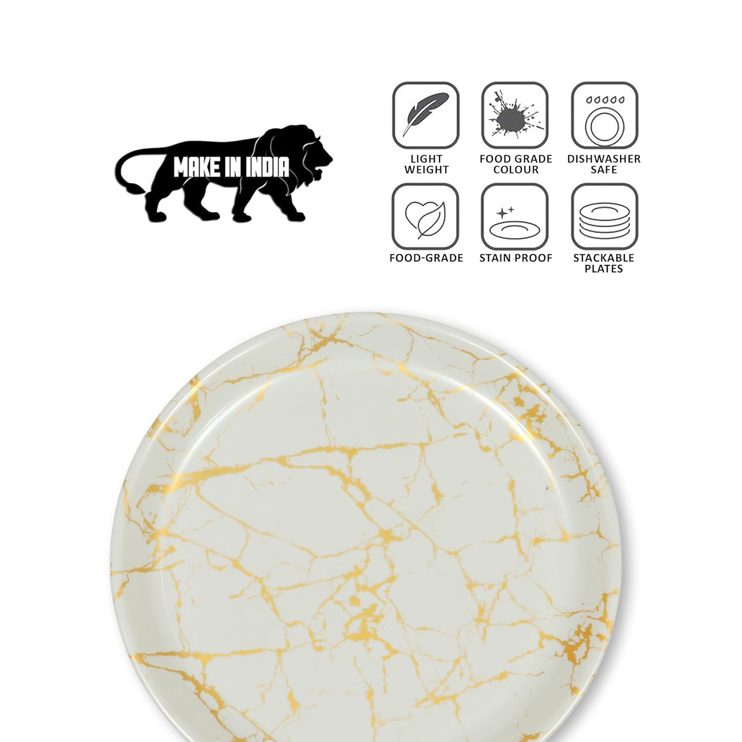 Ariya Melamine Dinner Plates 12 Inch Set of 12 | White & Gold