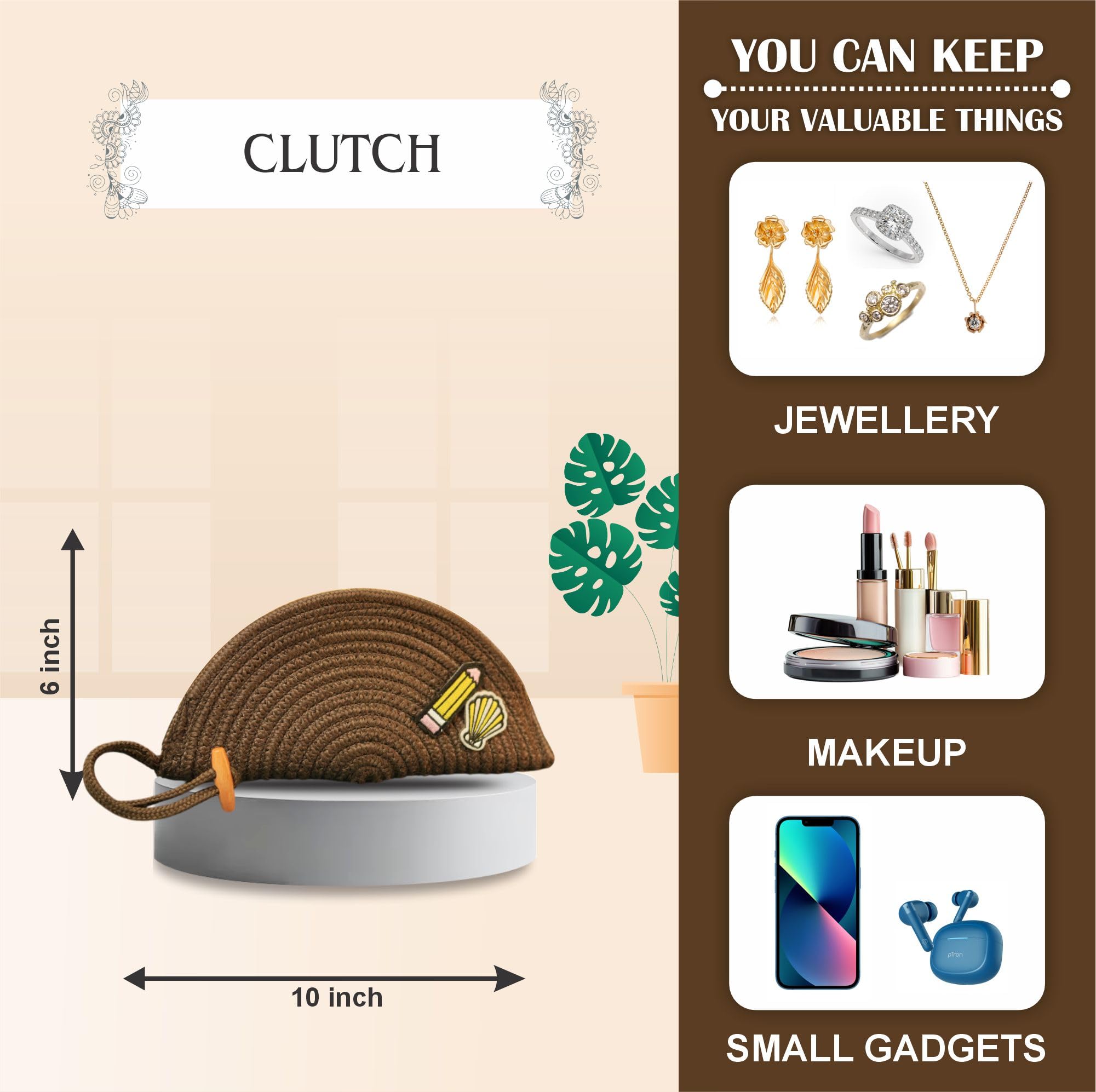 ARIYA Stylish Unique Handmade Coffee (PP & Cotton Blend) Clutch Bag with Sticker, Perfect for Parties, Weddings & Everyday Outings