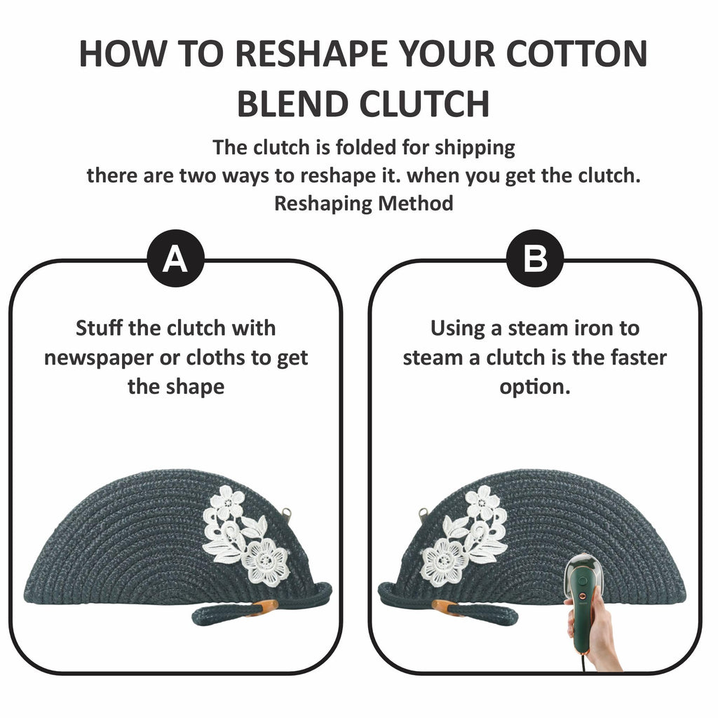 ARIYA Stylish Unique Handmade Dark Grey (PP & Cotton Blend) Clutch Bag with Flower, Perfect for Parties, Weddings & Everyday Outings