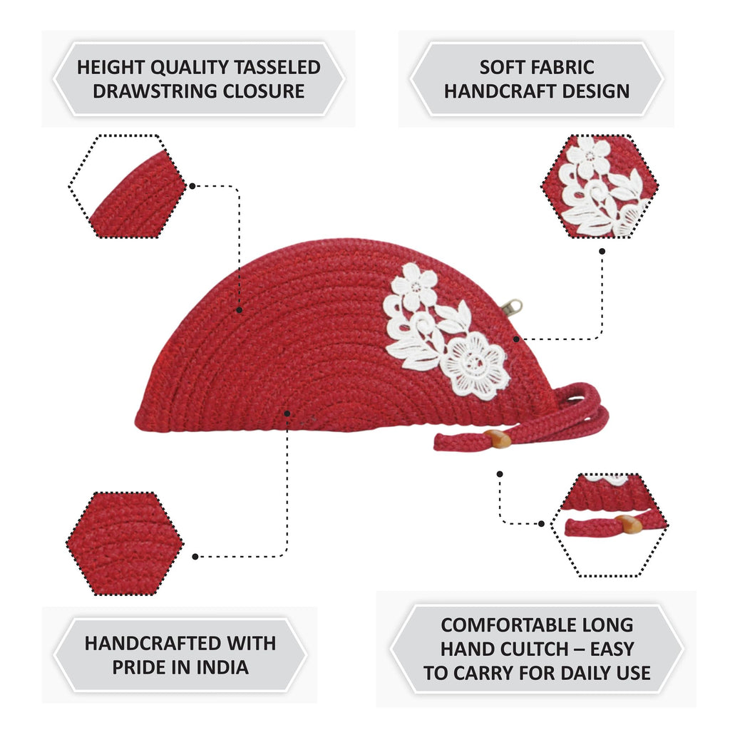 ARIYA Stylish Unique Handmade Red (PP & Cotton Blend) Clutch Bag with Flower, Perfect for Parties, Weddings & Everyday Outings