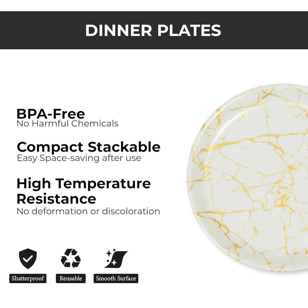 Ariya Melamine Dinner Plates 12 Inch Set of 12 | White & Gold