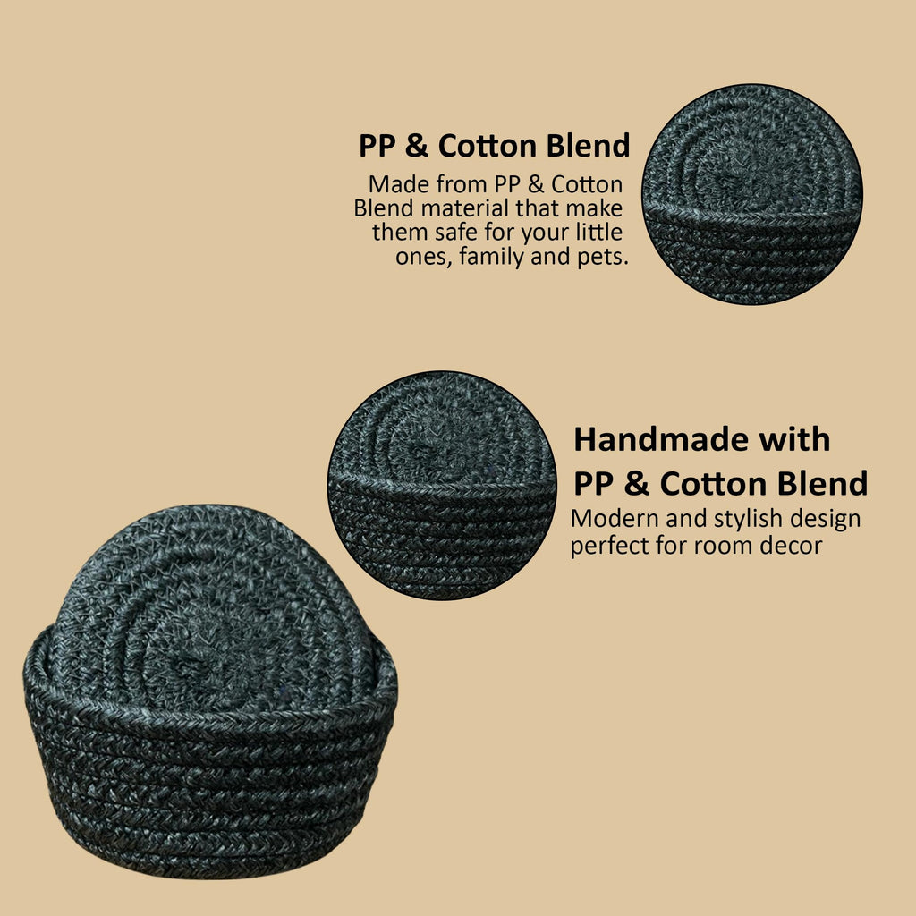 Ariya 6 Psc PP & Cotton Blend Dark Grey Coasters (6 Inch) - Absorbent, Woven, Ideal for Room, Hotel, Bar, Housewarming Gift