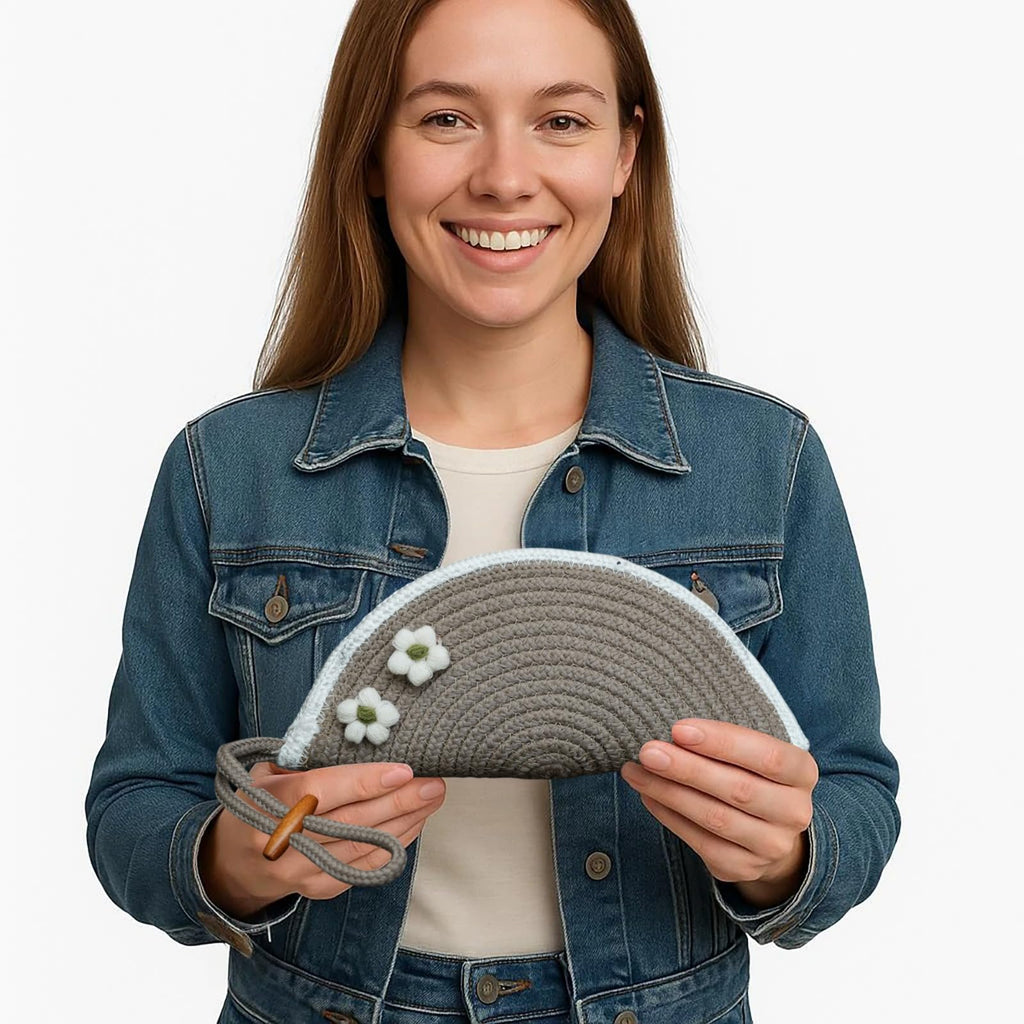 ARIYA Stylish Unique Handmade Beige & White Line (PP & Cotton Blend) Clutch Bag with 2 Flower, Perfect for Parties, Weddings & Everyday Outings