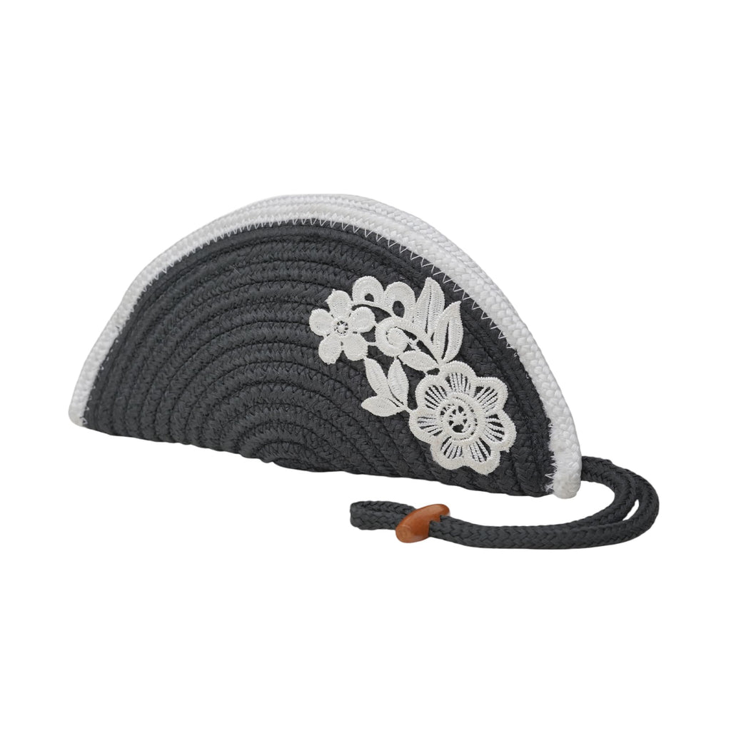ARIYA Stylish Unique Handmade Dark Grey & White Line (PP & Cotton Blend) Clutch Bag with Flower, Perfect for Parties, Weddings & Everyday Outings