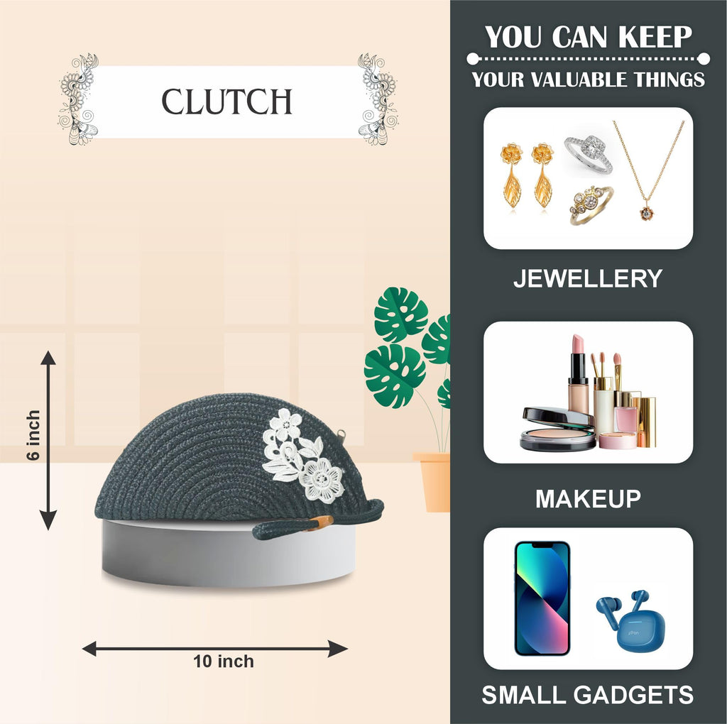 ARIYA Stylish Unique Handmade Dark Grey (PP & Cotton Blend) Clutch Bag with Flower, Perfect for Parties, Weddings & Everyday Outings