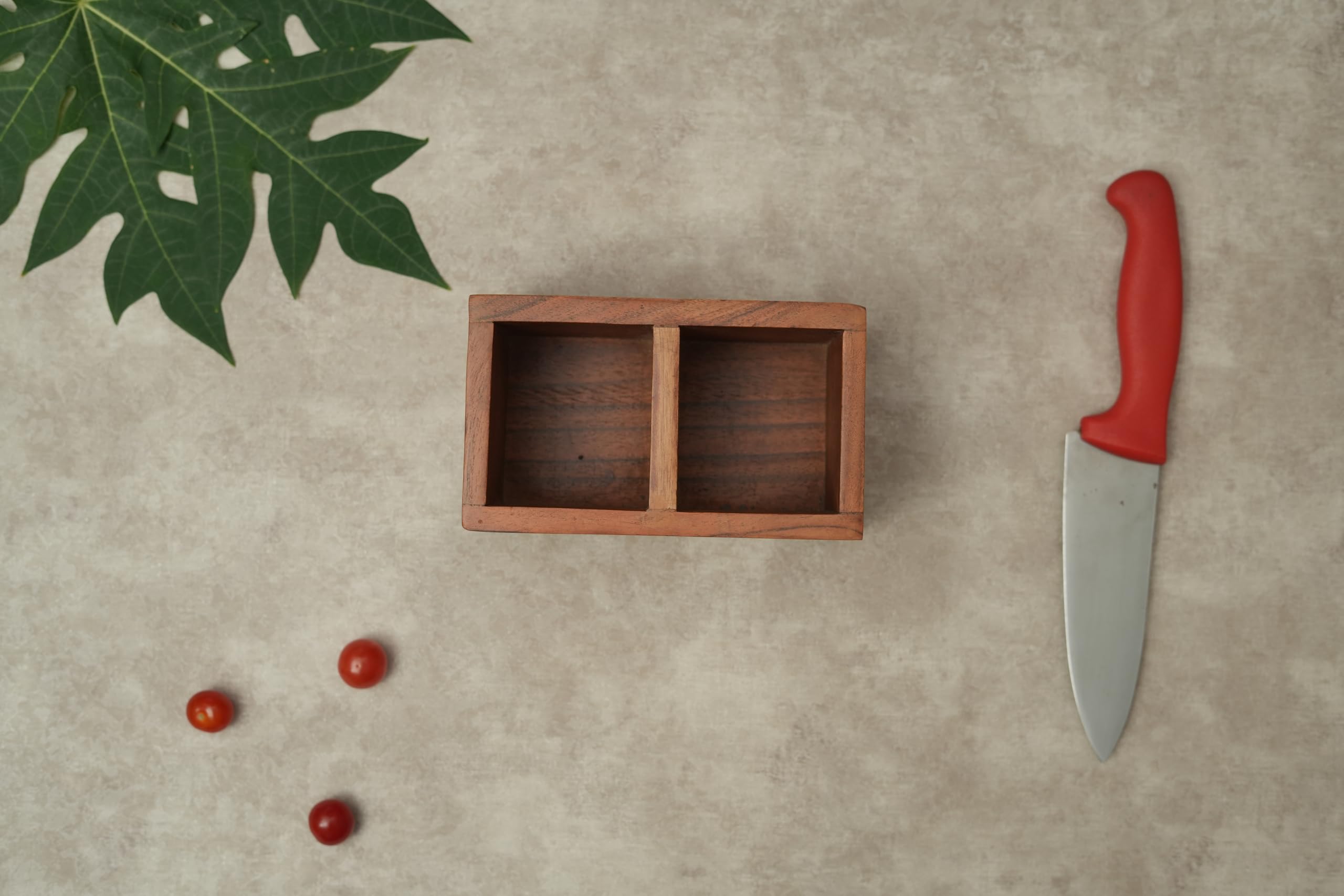Ariya 7" Acacia Wooden Cutlery Holder | 2-Compartment Spoon & Fork Organizer for Dining & Kitchen