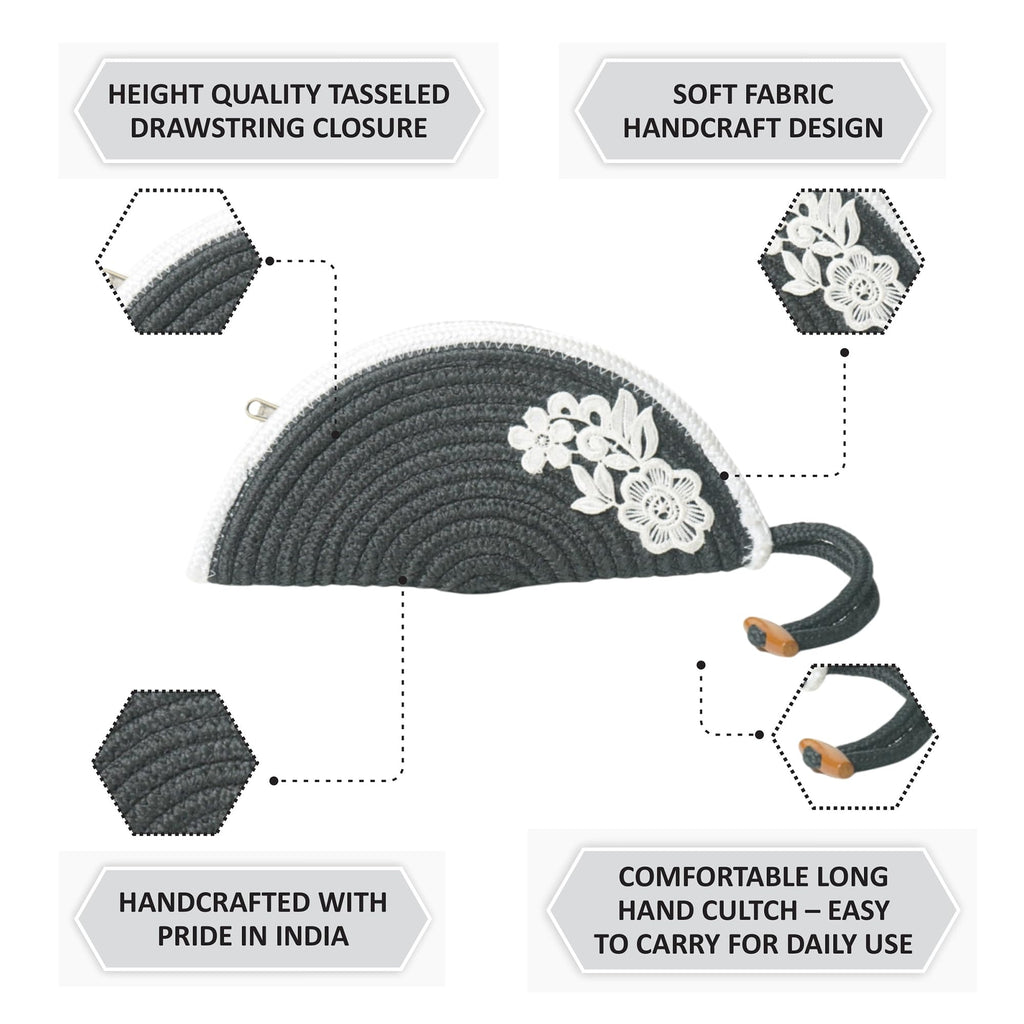 ARIYA Stylish Unique Handmade Dark Grey & White Line (PP & Cotton Blend) Clutch Bag with Flower, Perfect for Parties, Weddings & Everyday Outings