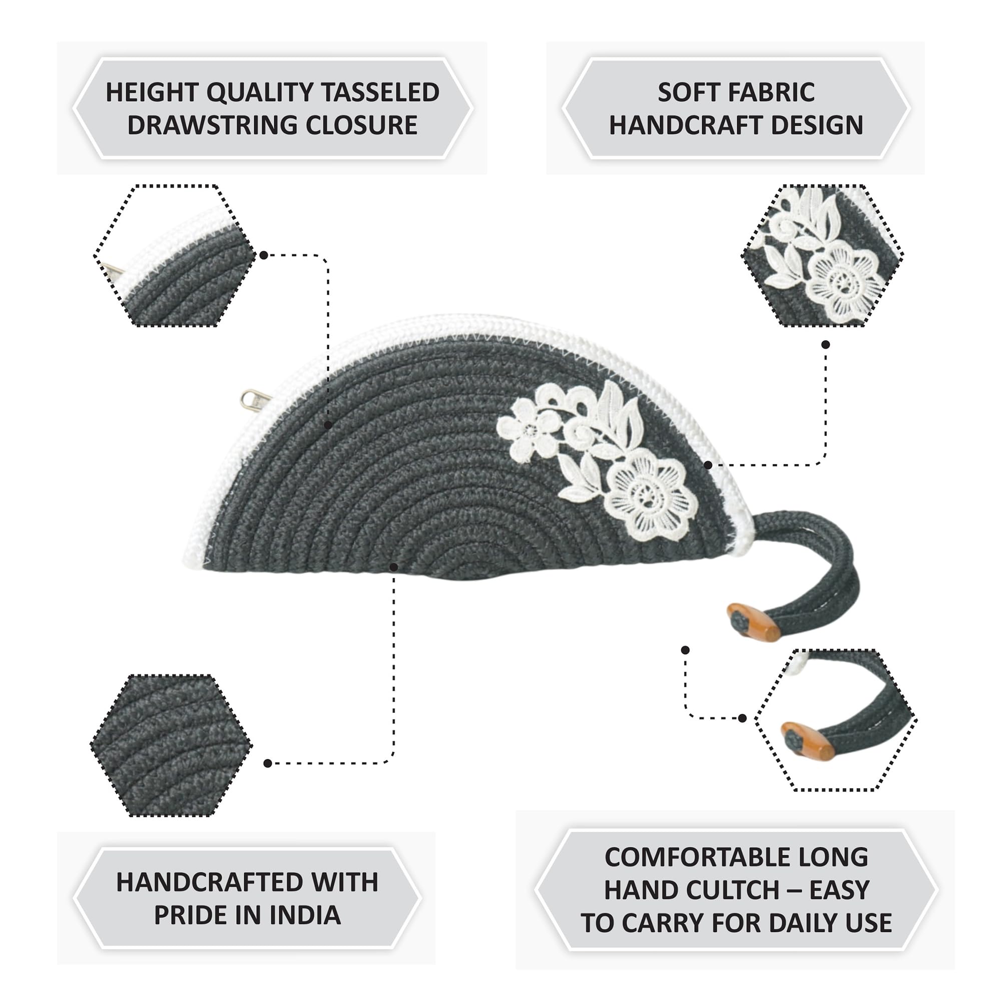 ARIYA Stylish Unique Handmade Dark Grey & White Line (PP & Cotton Blend) Clutch Bag with Flower, Perfect for Parties, Weddings & Everyday Outings