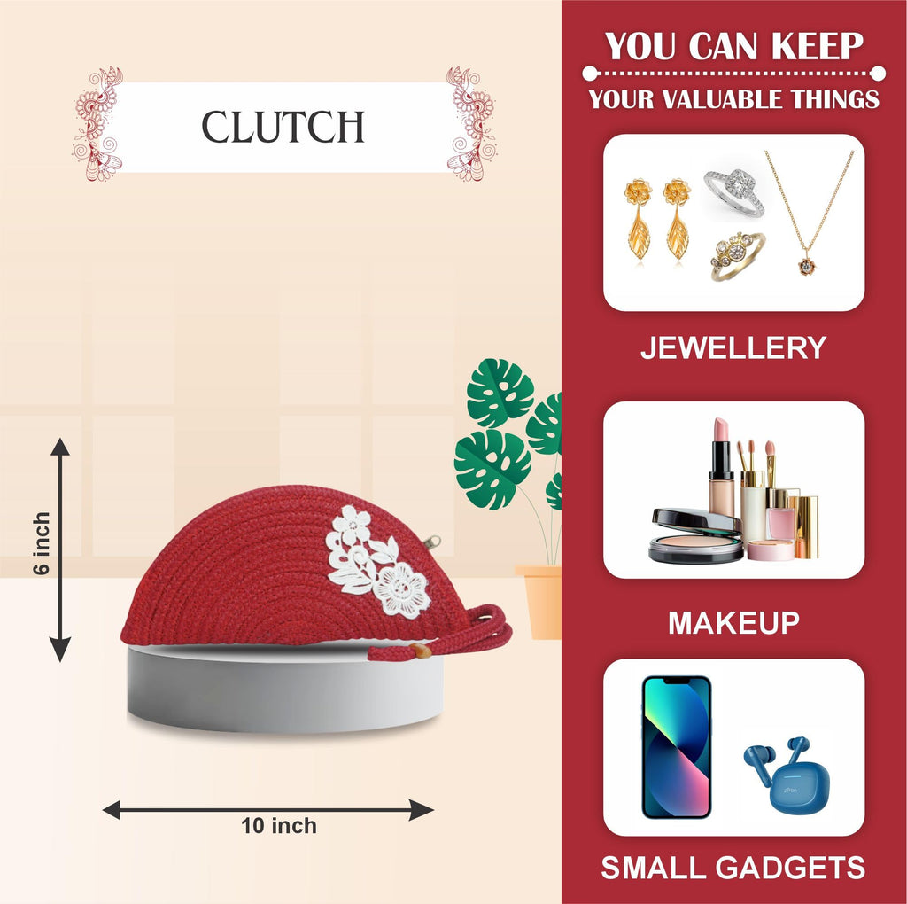 ARIYA Stylish Unique Handmade Red (PP & Cotton Blend) Clutch Bag with Flower, Perfect for Parties, Weddings & Everyday Outings