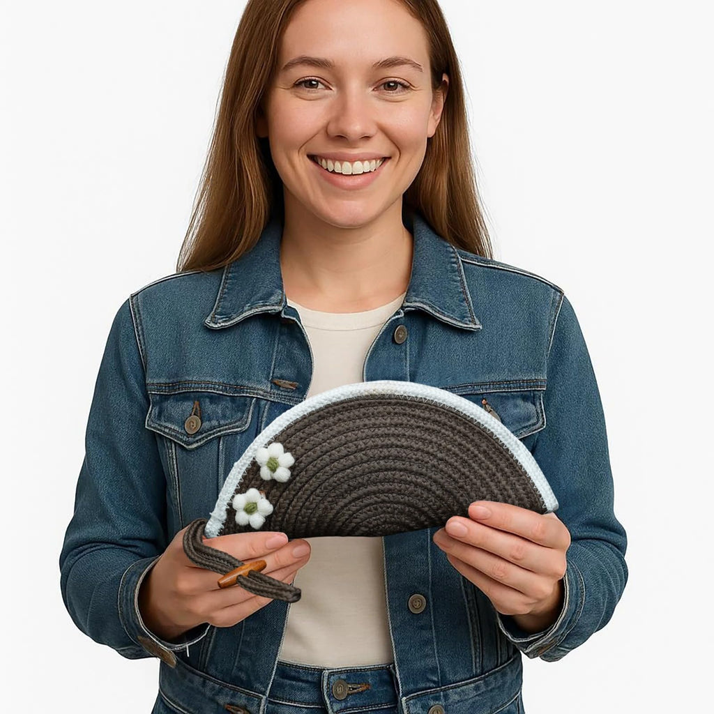 ARIYA Stylish Unique Handmade Brown & White Line (PP & Cotton Blend) Clutch Bag with 2 Flower, Perfect for Parties, Weddings & Everyday Outings