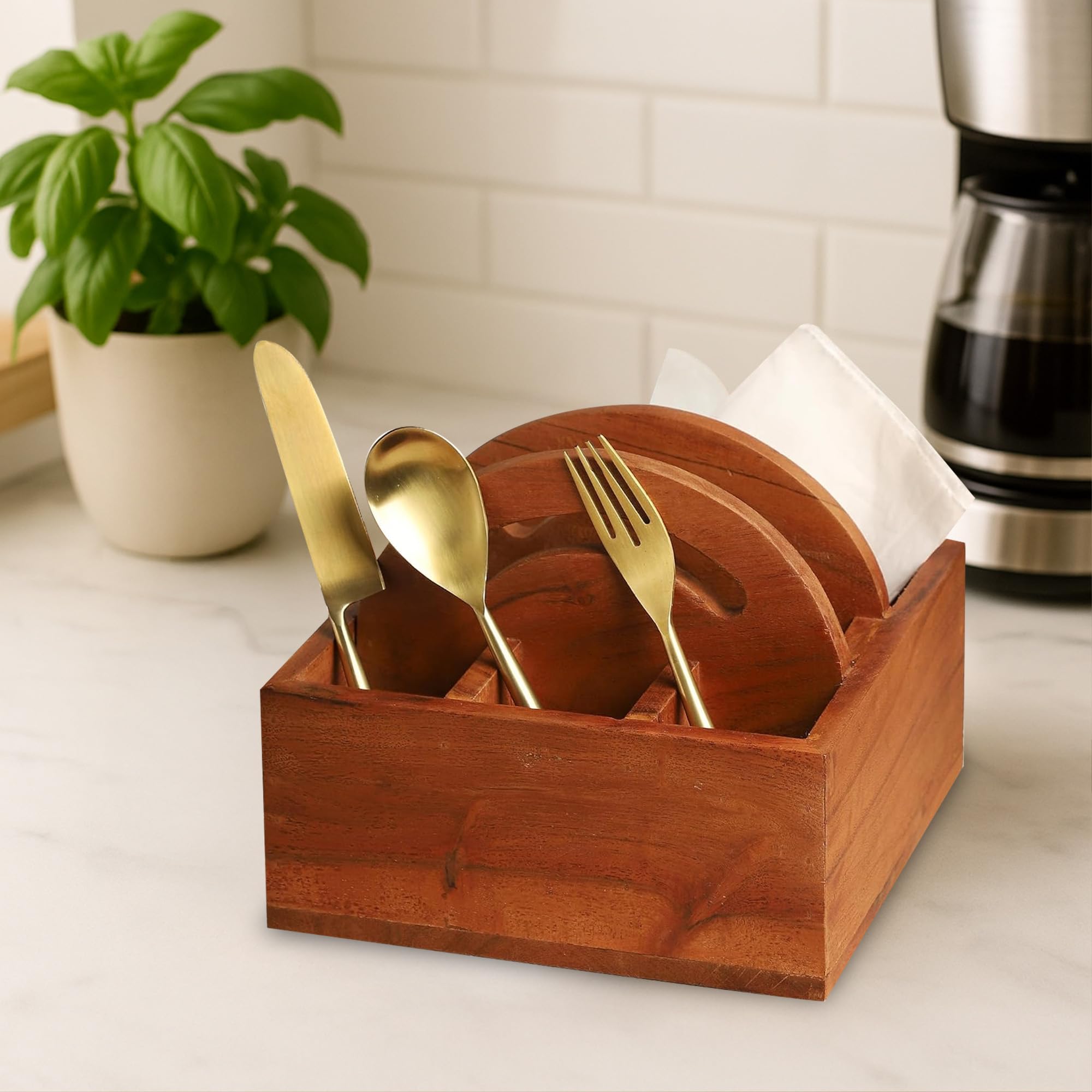 Ariya 8" Acacia Wooden Cutlery Holder | 5-Compartment Spoon & Napkin Organizer