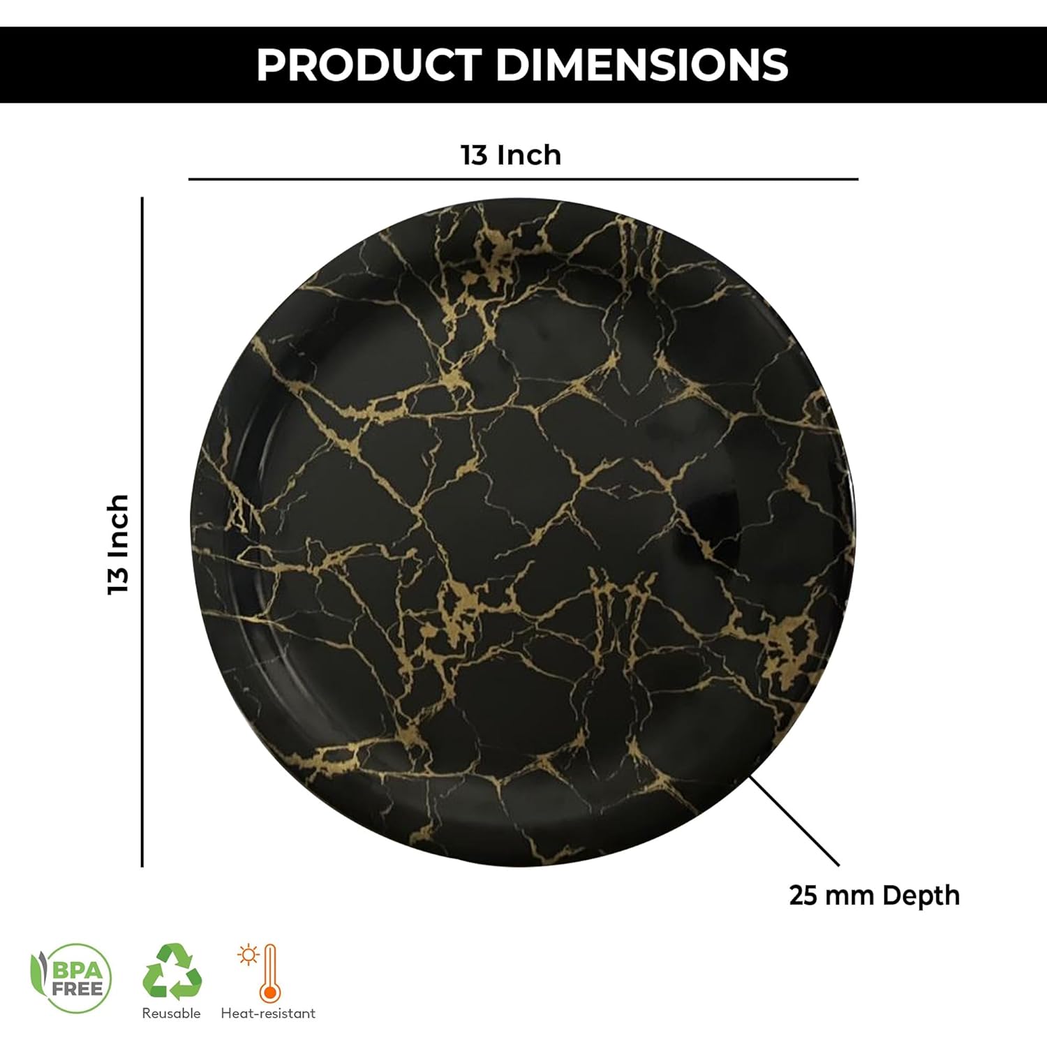 Ariya Melamine Dinner Plates 13 Inch Set of 24 | Midnight Gold