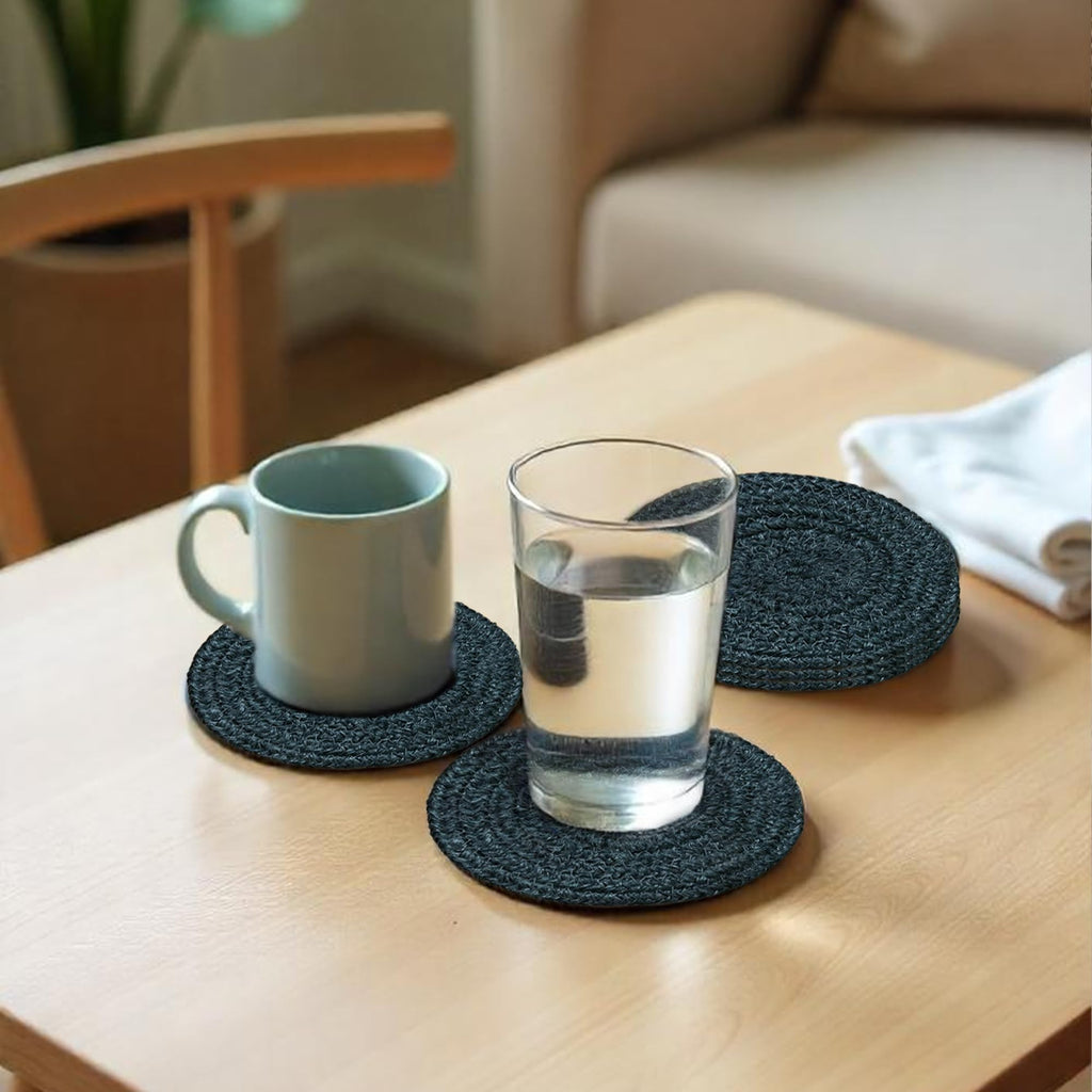 Ariya 4 Inch Round Coaster Set (4049 | Dark Gray | Pack of 6) Handcrafted PP & Cotton Blend Coaster, Durable, Drink Mats for Coffee Tables, Dining, Office & Home Décor
