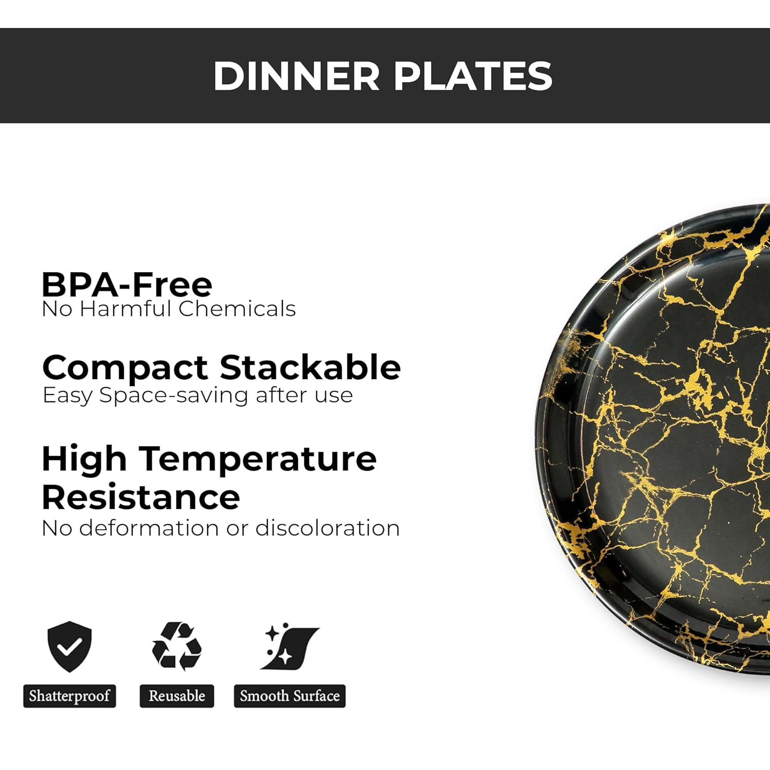 Ariya Melamine Dinner Plates 12 Inch Set of 24 | Black & Gold