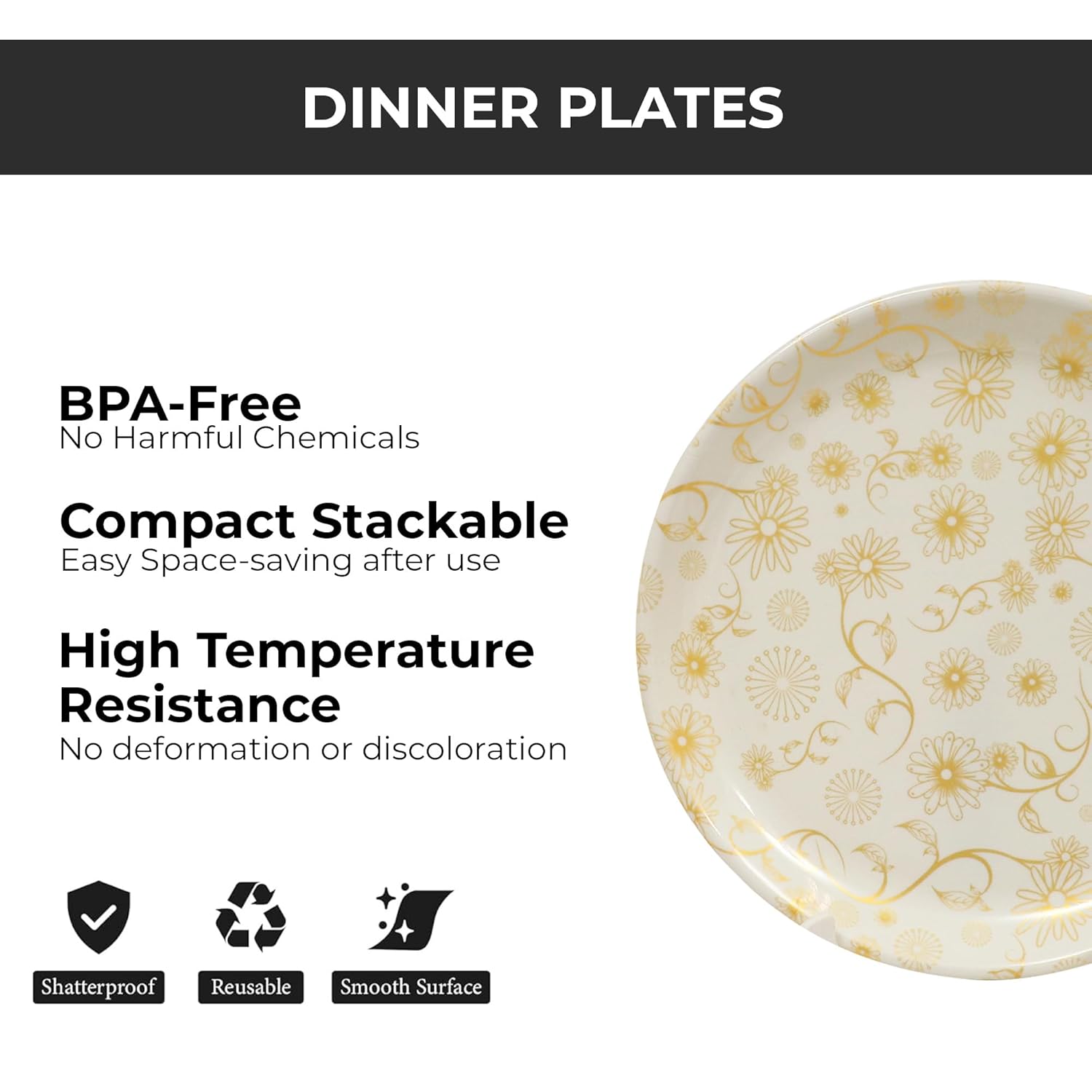 Ariya Melamine Dinner Plates 12 Inch Set of 12 | White & Gold