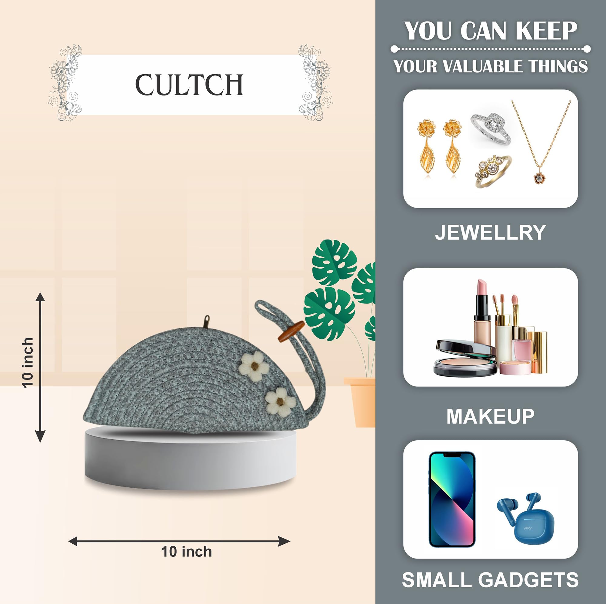 ARIYA Stylish Unique Handmade Light Grey (PP & Cotton Blend) Clutch Bag with 2 Flower, Perfect for Parties, Weddings & Everyday Outings