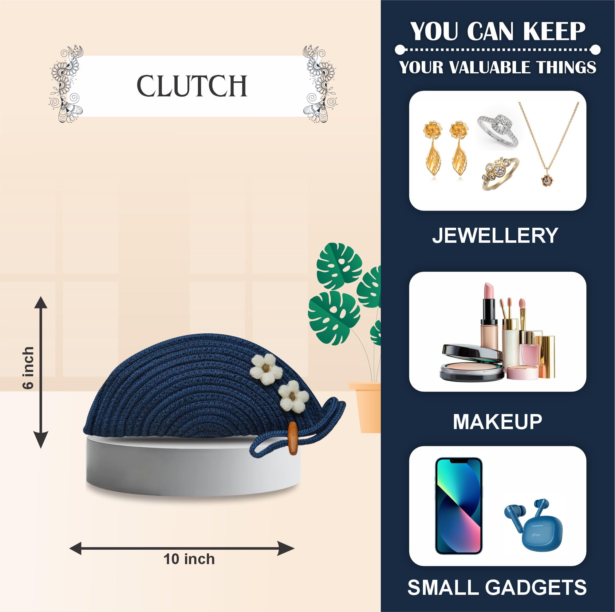 ARIYA Stylish Unique Handmade Blue (PP & Cotton Blend) Clutch Bag with 2 Flower, Perfect for Parties, Weddings & Everyday Outings