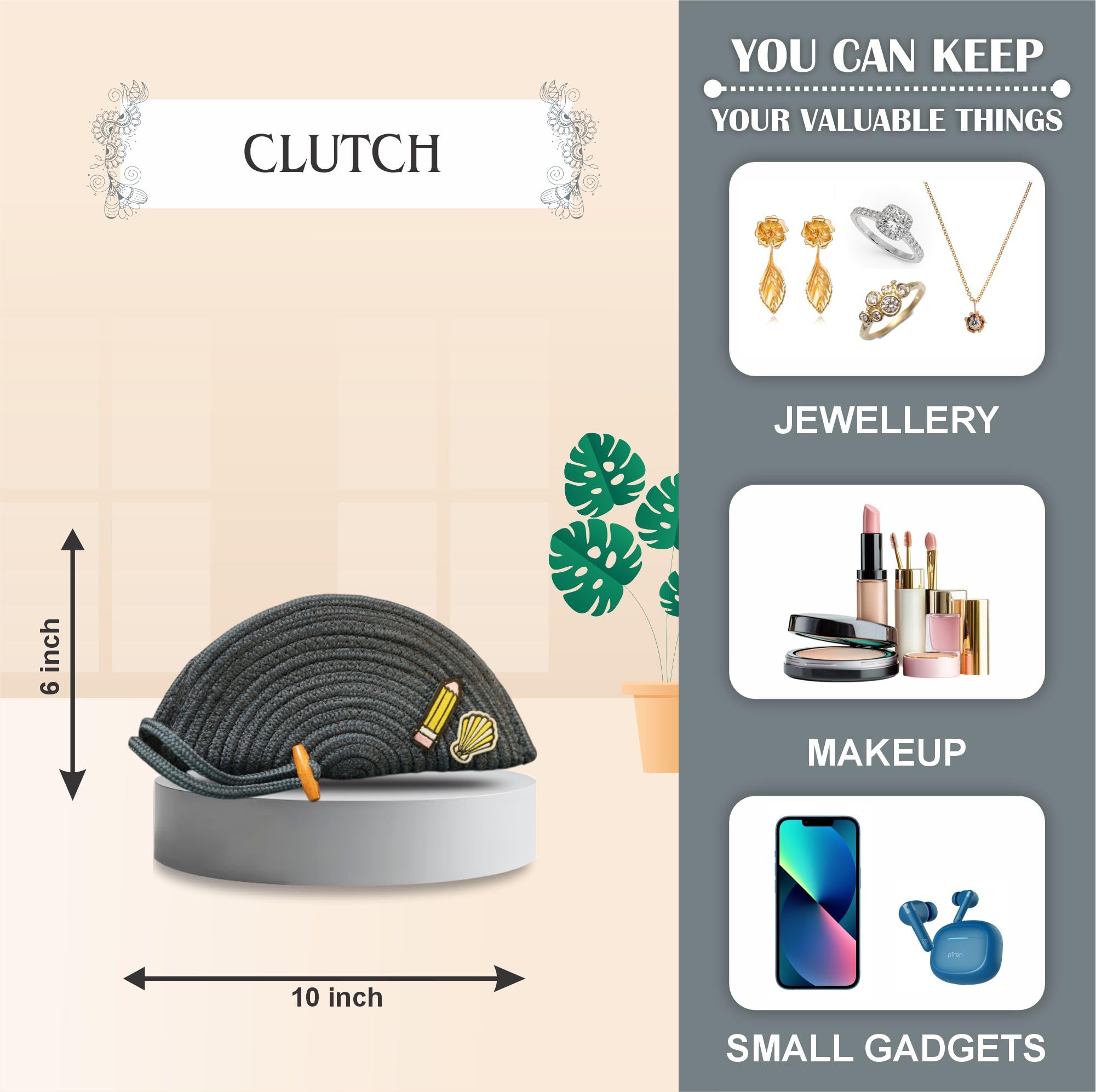 ARIYA Stylish Unique Handmade Dark Grey (PP & Cotton Blend) Clutch Bag with Sticker, Perfect for Parties, Weddings & Everyday Outings