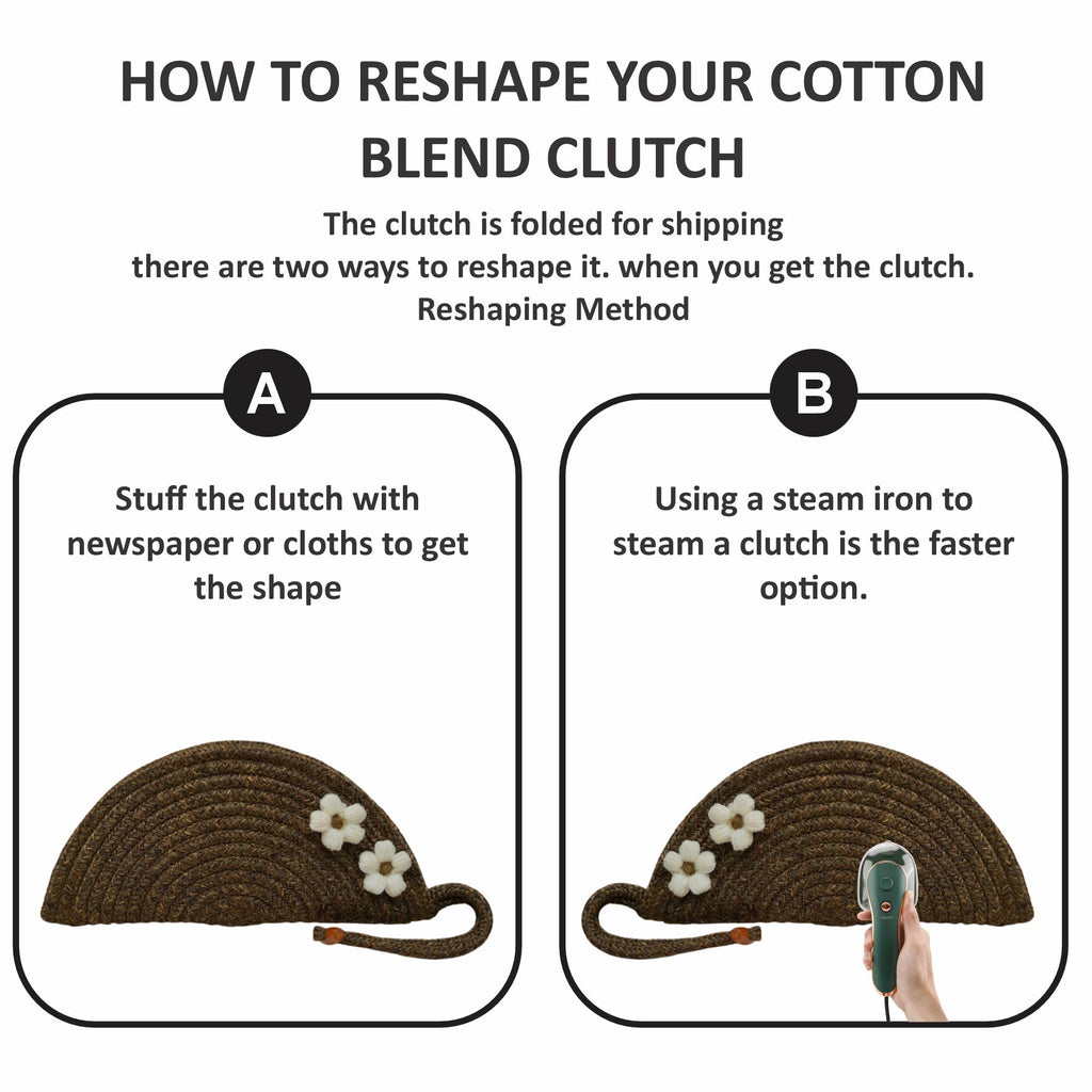 ARIYA Stylish Unique Handmade Brown (PP & Cotton Blend) Clutch Bag with 2 Flower, Perfect for Parties, Weddings & Everyday Outings