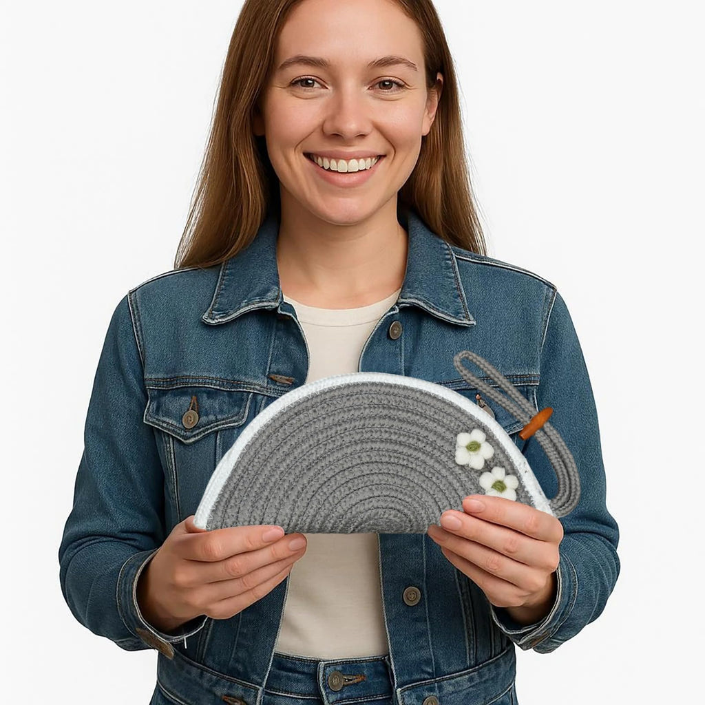 ARIYA Stylish Unique Handmade Grey & White Line (PP & Cotton Blend) Clutch Bag with 2 Flower, Perfect for Parties, Weddings & Everyday Outings