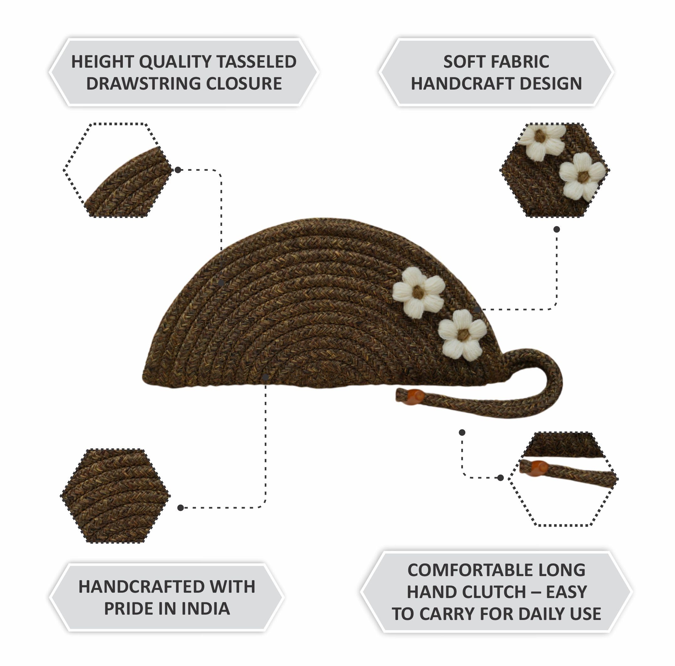 ARIYA Stylish Unique Handmade Brown (PP & Cotton Blend) Clutch Bag with 2 Flower, Perfect for Parties, Weddings & Everyday Outings