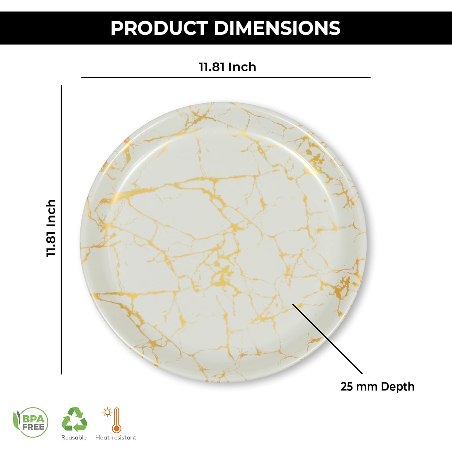 Ariya Melamine Dinner Plates 12 Inch Set of 12 | White & Gold