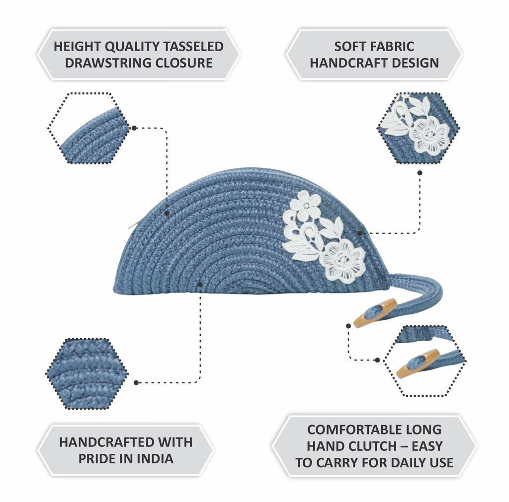 ARIYA Stylish Unique Handmade Blue & White Line (PP & Cotton Blend) Clutch Bag with Flower, Perfect for Parties, Weddings & Everyday Outings