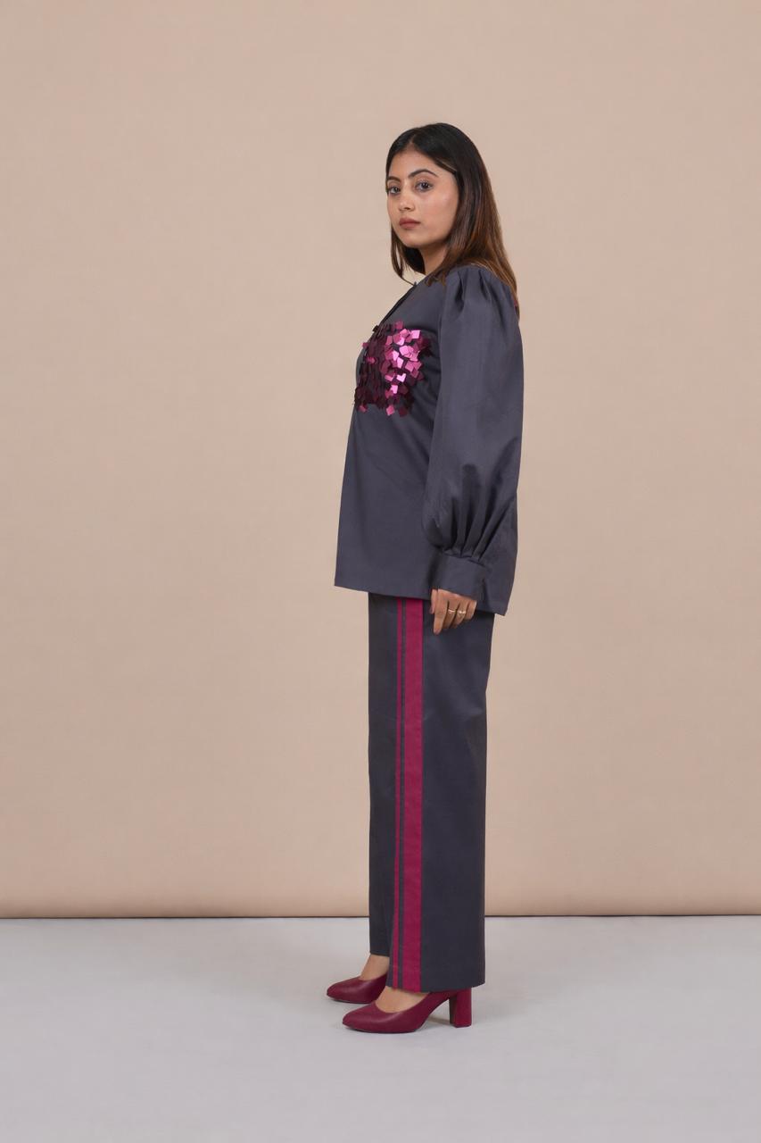 Ariya Threads Women’s Charcoal Grey Co-Ord Set with Magenta Sequin Pocket & Contrast Stripe Pants