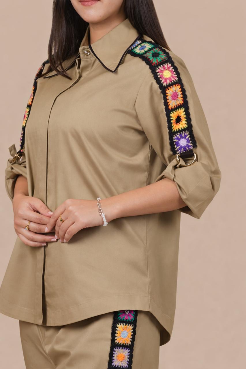 Ariya Threads Women’s Co-Ord Set with Handcrafted Crochet Detail | Shirt & Straight Pants