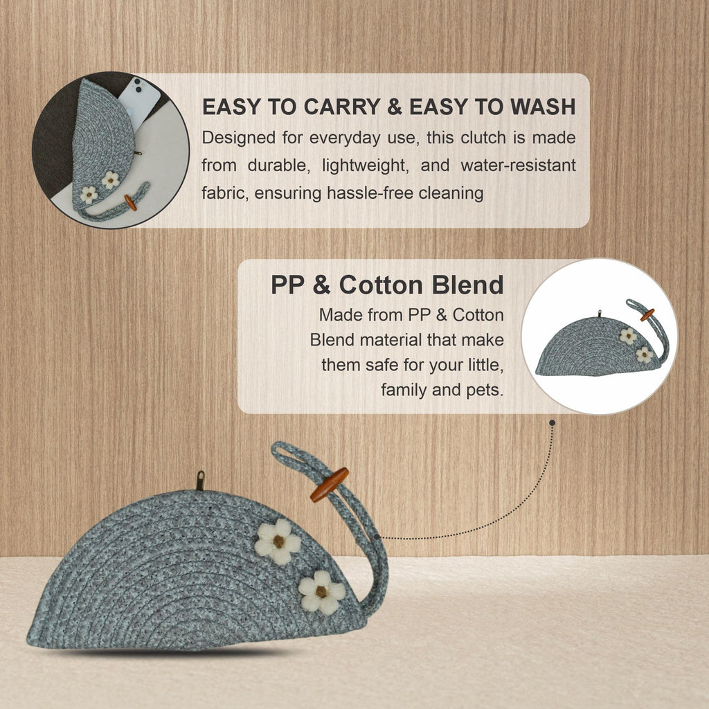 ARIYA Stylish Unique Handmade Light Grey (PP & Cotton Blend) Clutch Bag with 2 Flower, Perfect for Parties, Weddings & Everyday Outings